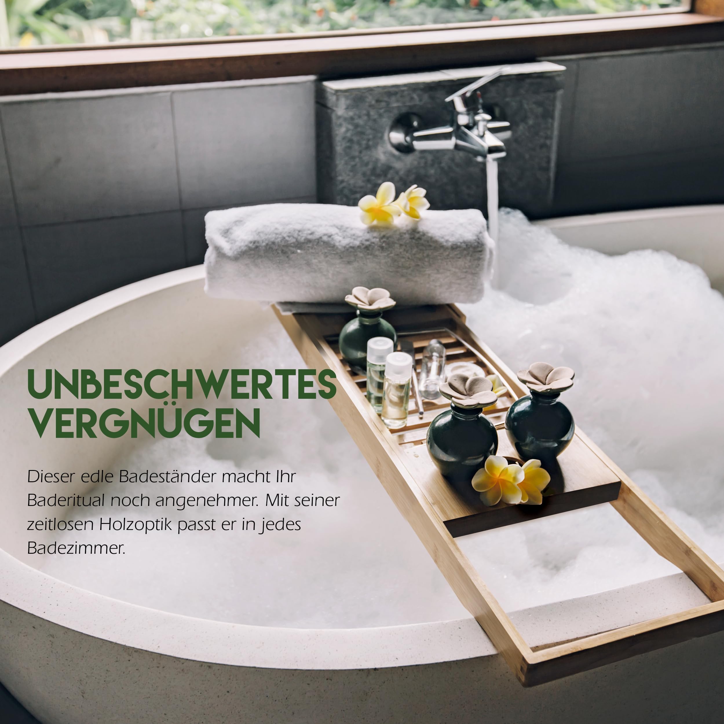 Vassoio Da Bagno Regolabile In Bamb&ugrave; - 50-92cm, Con Supporto Tablet E Portabicchieri | Alpina