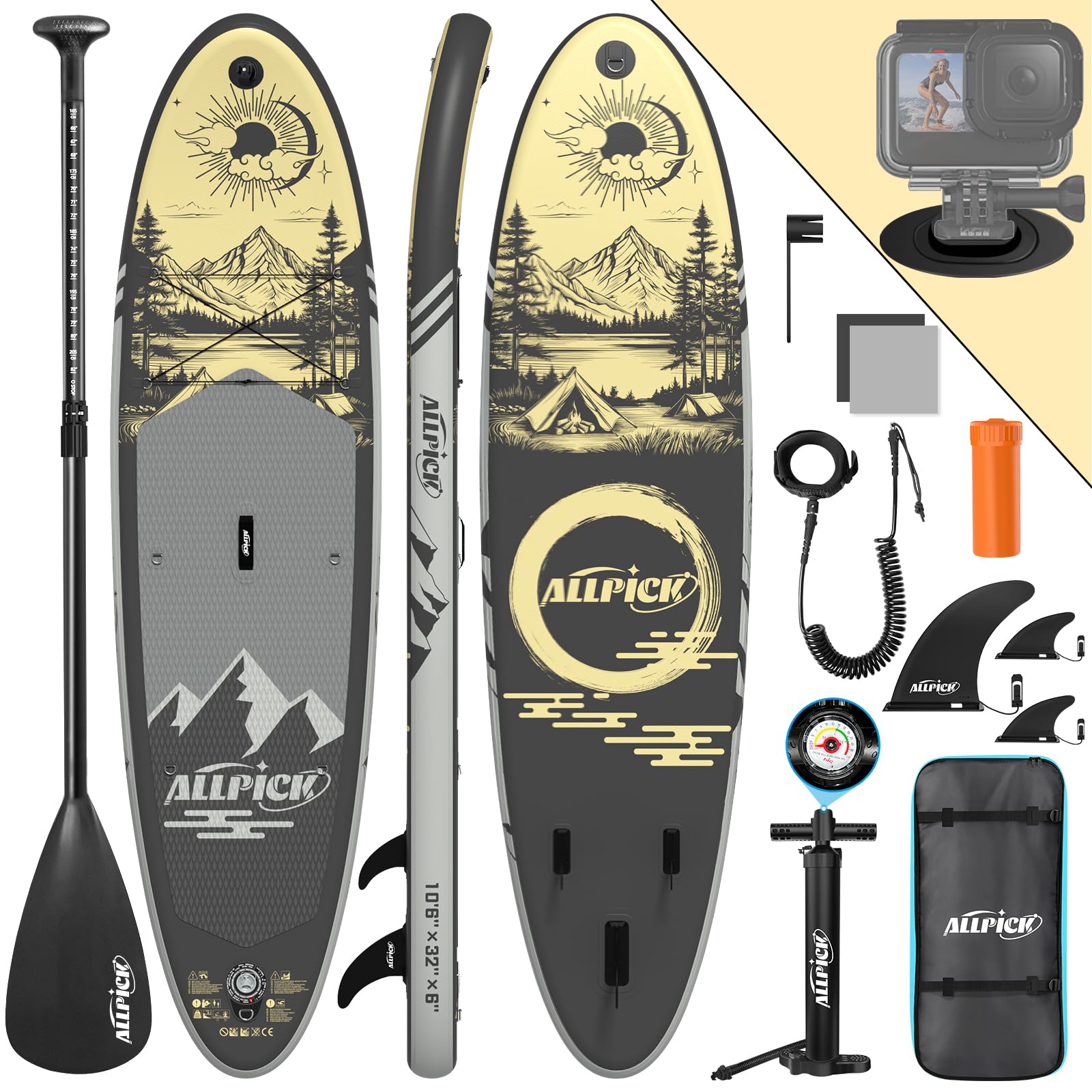 ALLPICK Sup Gonfiabile, Stand Up Paddle Board Gonfiabile, Con Supporto Universale per Fotocamera, Accessori Completi, Tavola da Sup Surf, Principianti e Avanzati, 150kg/180kg