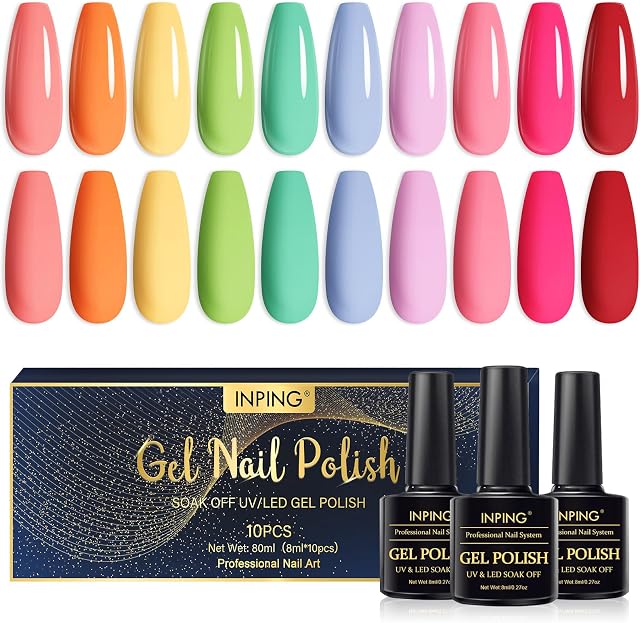 INPING Gel Nail Polish, 10 Colors Rainbow Pastel Neon Collection Blue Pink Orange Green Purple All Season Gel Varnish Set Soak-Off UV LED for Womme Home Halloween Nail Art Design Manicure Kit