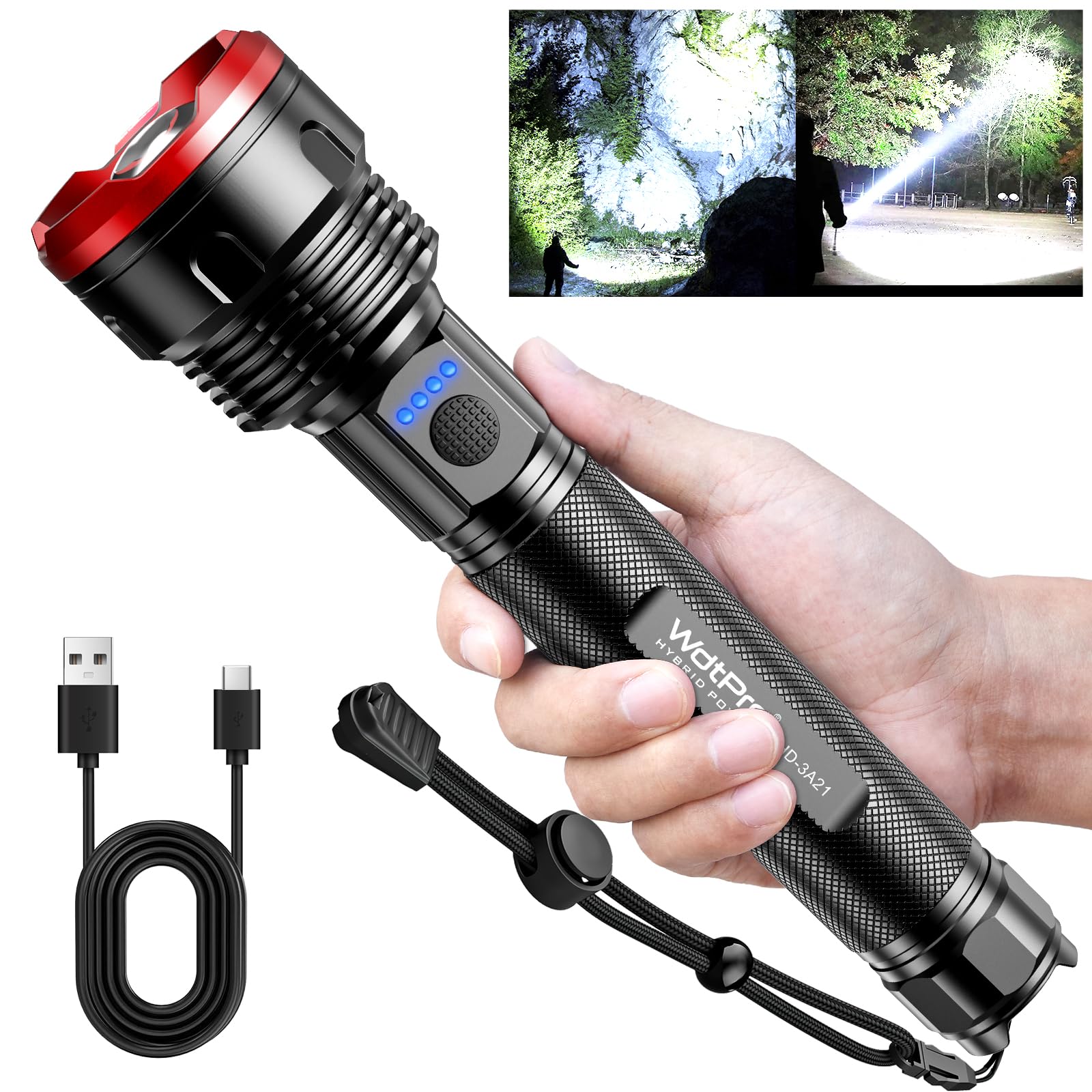 WdtPro Hybrid Powerful Rechargeable Flashlight, 500000 Lumens Super Bright Flashlight with 2 Types Battery for Long Distance & Emergencies, LED Flash Light with 5 Modes for Mens Gift,Home,Outdoor