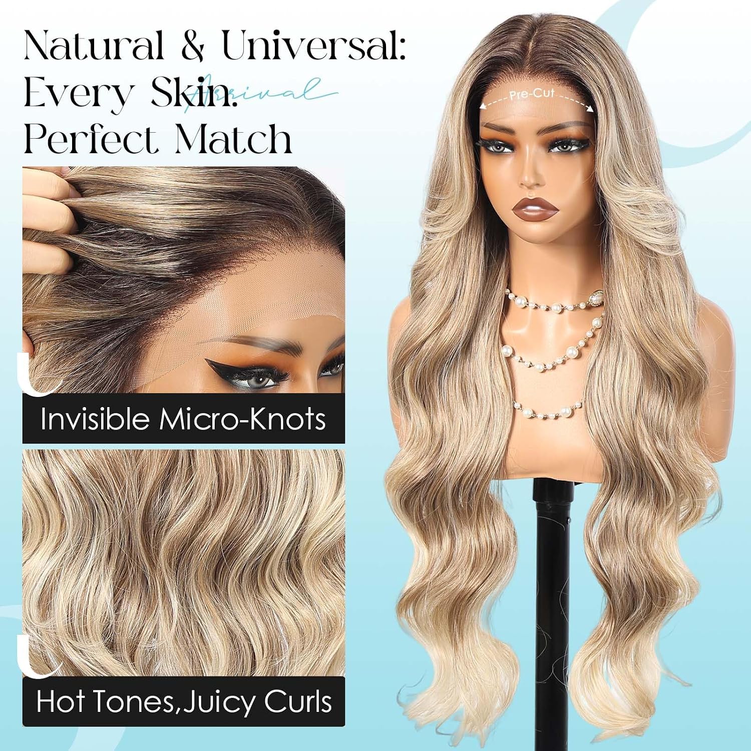 13x4 Glueless Body Wave Lace Front Wig Natural Hairline Pre-Cut Heat Resistant Synthetic Hair for Women Natural-Looking Hairline 30 Inch Ombre Ash Blonde(#TT4/T2713A)