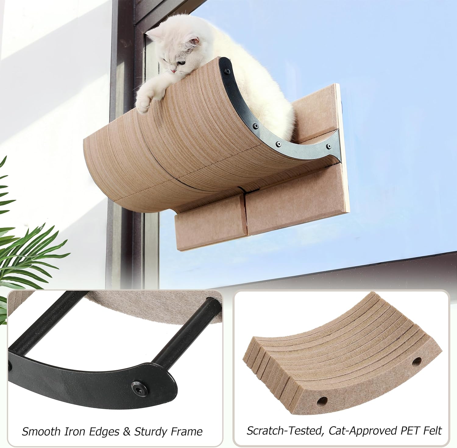 Cat Window Perch with Scratching Bed,Versatile Climbing Shelves Mounted by Strong Suction Cups, Solid Metal Frame and Anti-Slip Felt for Hide,Nap and Sunbath, Glass Protection Design(Oatmeal)