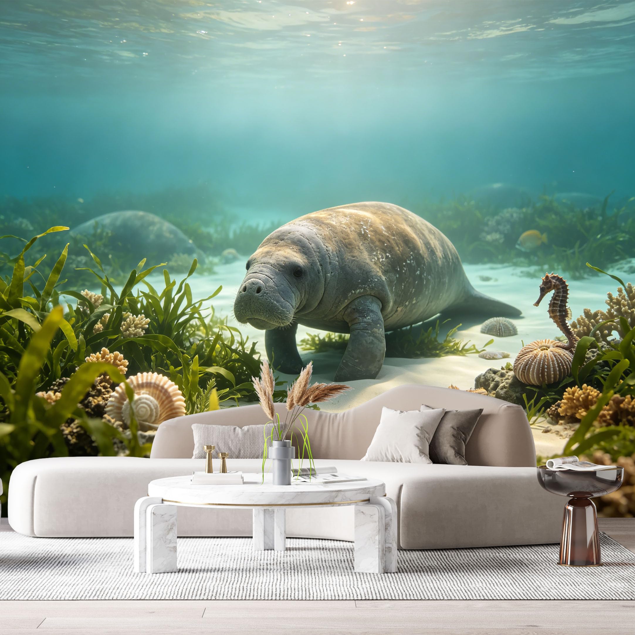 Custom Size Wall Murals Underwater Manatee Marine Ocean Life Seafloor Coral Reef SelfAdhesiveWall Fabric Removable Wallpaper Wall Decor for Living Room Bedroom Bathroom