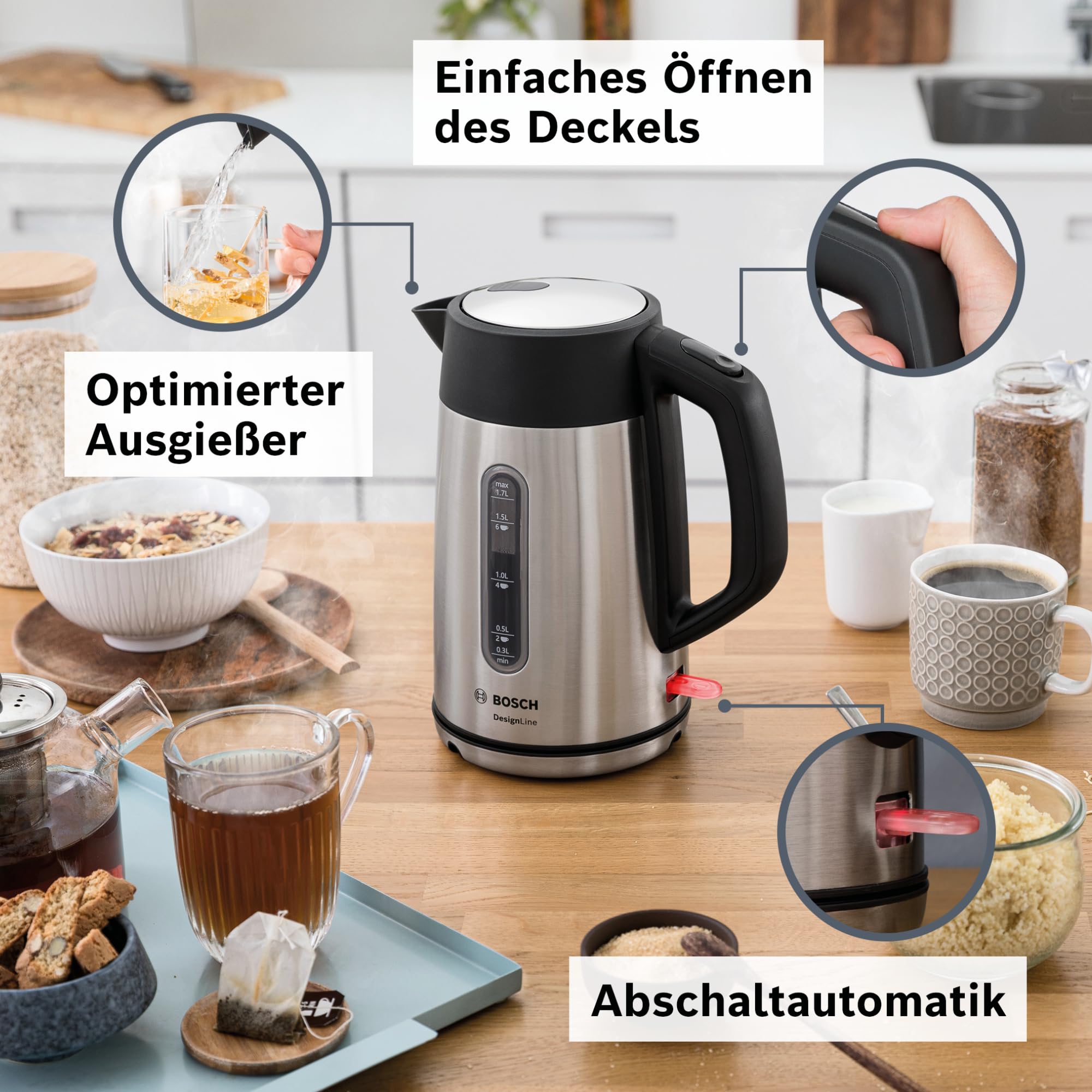 Bosch kabelloser Wasserkocher DesignLine TWK4P440, Ausgießen ohne Spritzer, Tassenanzeige, Wasserstandsanzeige, Überhitzungsschutz, 1,7 L, 2400 W, Edelstahl/schwarz