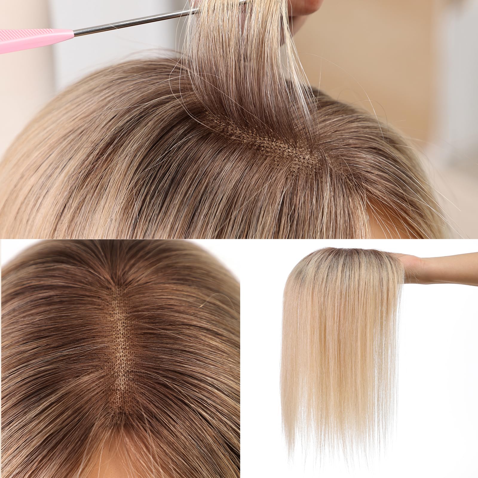 HAIRCUBE Topper do włosów dla kobiet, górne części włosów, 100% prawdziwe ludzkie włosy z grzywką, topper na ludzkie włosy ze szwajcarską koronką, ręcznie wiązane włosy do rzednących/cienkich włosów