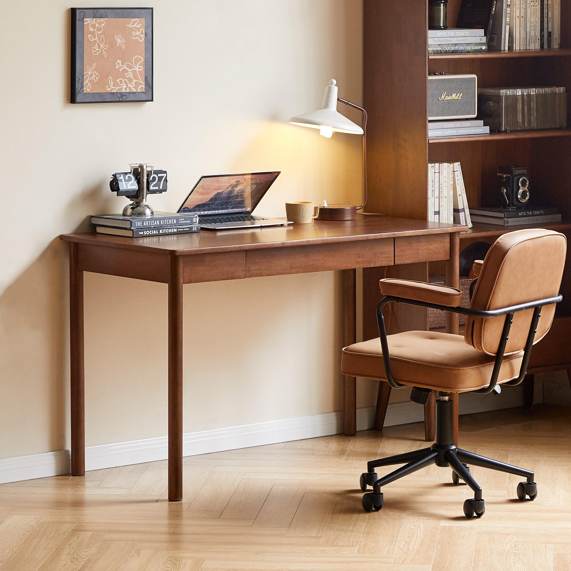 100% Solid Wood Desk, Home Office Writing Desk, Mid Century Modern Computer Desk with Drawers for Study Living Room 35" W