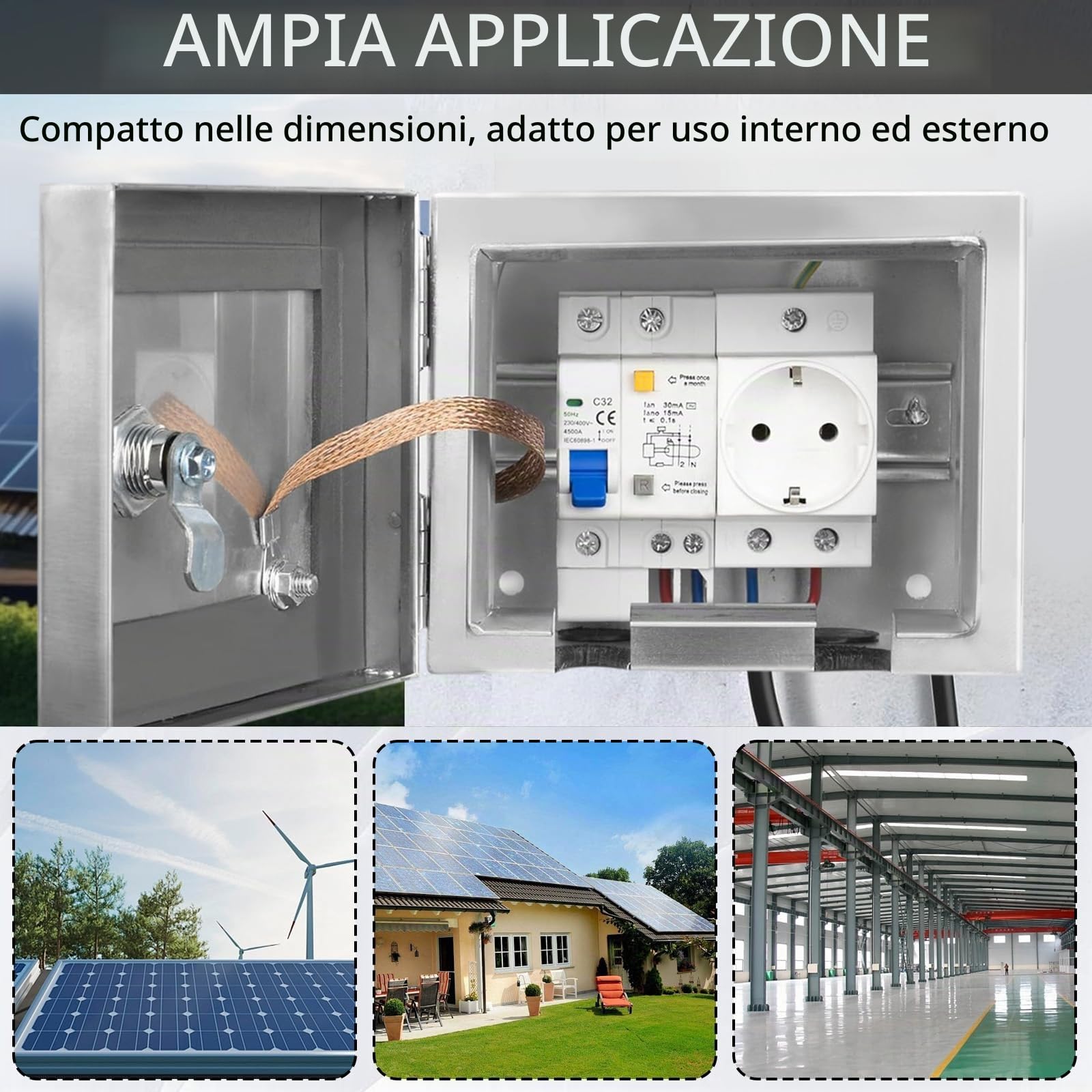 Scatola Elettrica da Esterno in Acciaio Inox, Armadio Elettrico Da Esterno con Interruttore di Dispersione 2P 32A e Presa Europea 250V/16A, Scatola di Distribuzione da Parete con Serratura