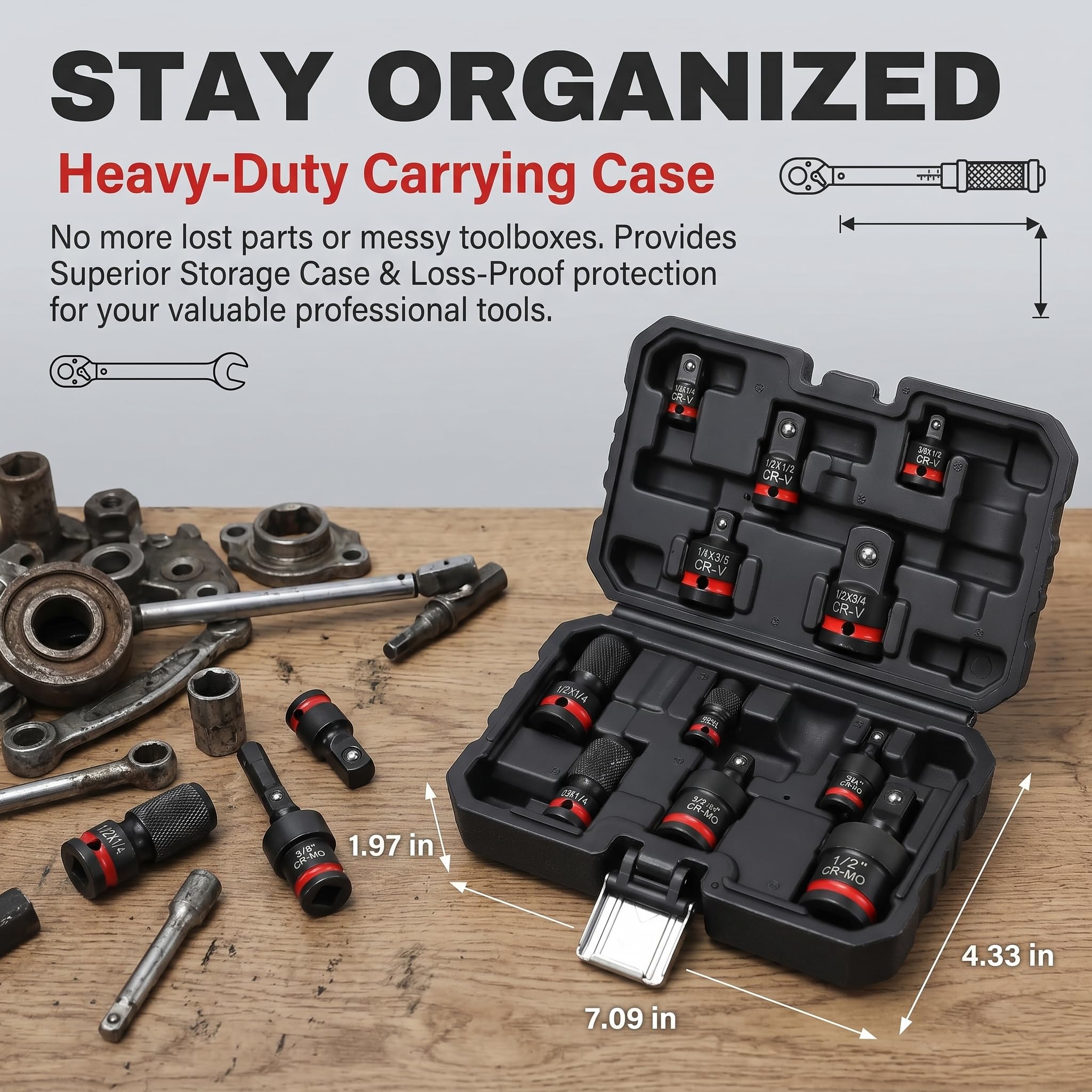 Kit da 11 Pezzi Adattatore e Riduzione per Bussola ad Impatto, Prolunghe e Giunto Cardanico in CR-V/CR-MO, 1/4" 3/8" 1/2" per Chiave a Cricchetto, Avvitatore, Chiave Dinamometrica, con Astuccio