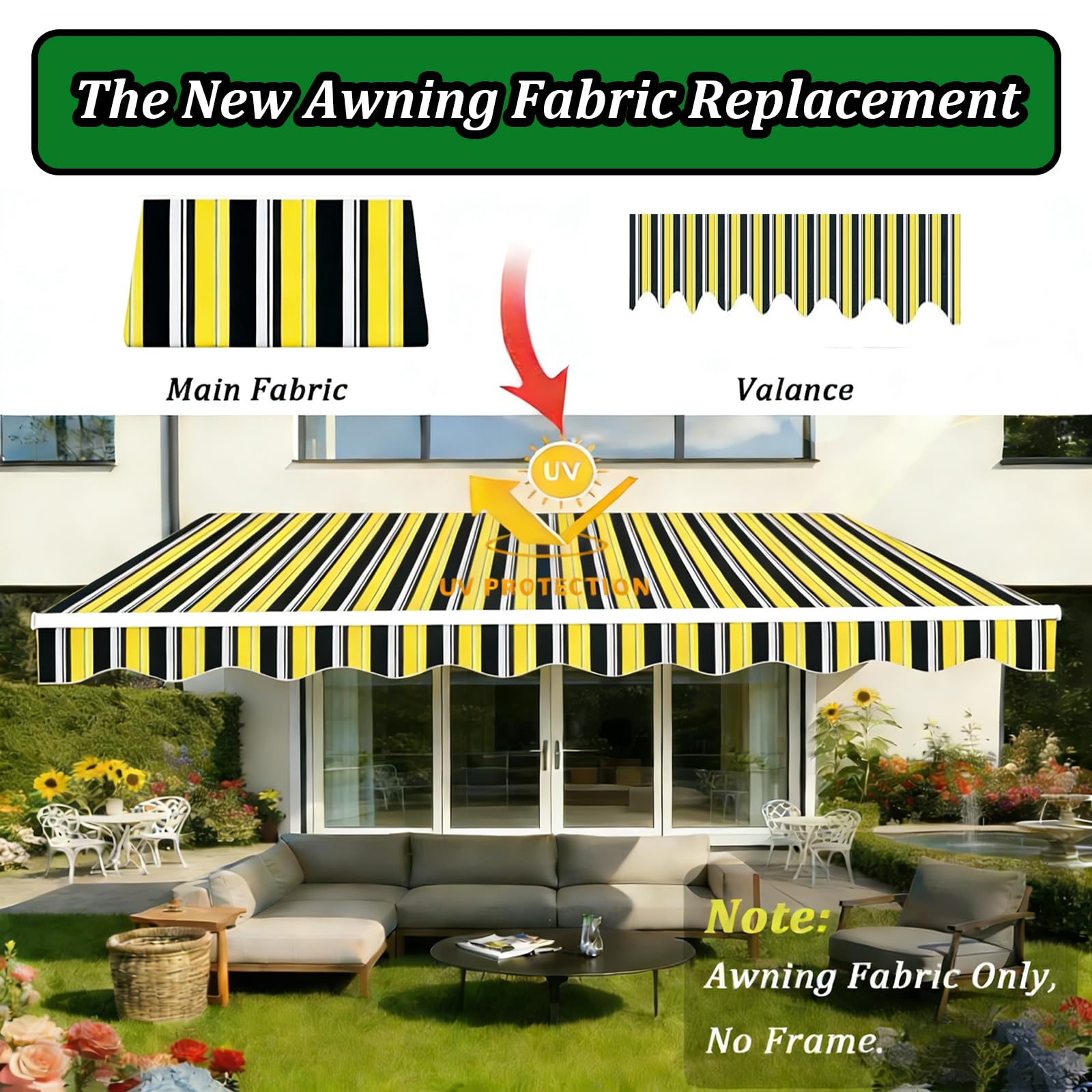 Toldo retráctil manual impermeable para patio al aire libre, 3,5 x 2 m, tela para refugio solar en rayas amarillas, verdes y blancas, perfecto para jardín, terraza y camping