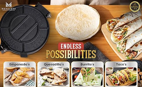 Miniatura 5 de MOVALUXE - Tortilla Prensa de Tortillas de Hierro Fundido de 10 pulgadas. Un set de regalo con una bolsa más caliente, 6 soportes para tacos, papel