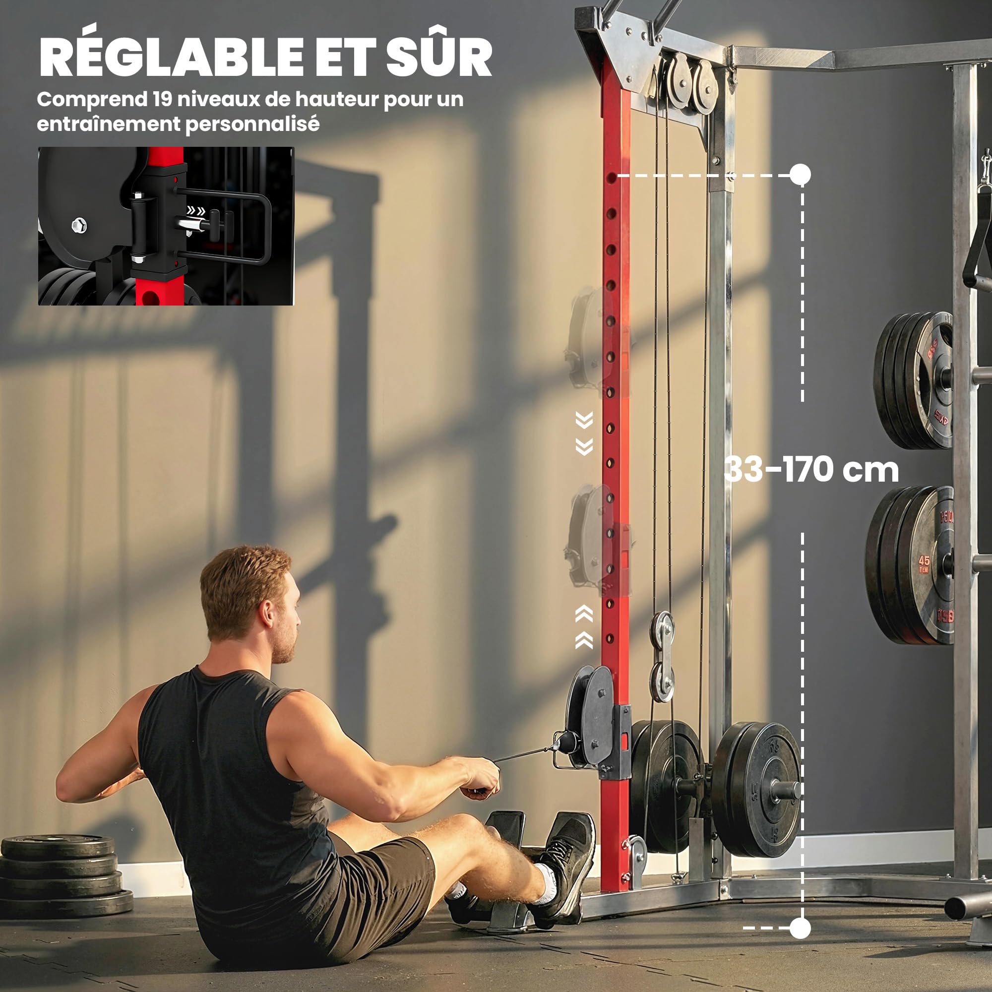 SPORTNOW Stazione di sollevamento Power Rack 900 kg - Gabbia per squat con doppia puleggia regolabile a 19 livelli - Home Gym Completo per allenamento di forza, con tiraggio Lat e accessori, nero