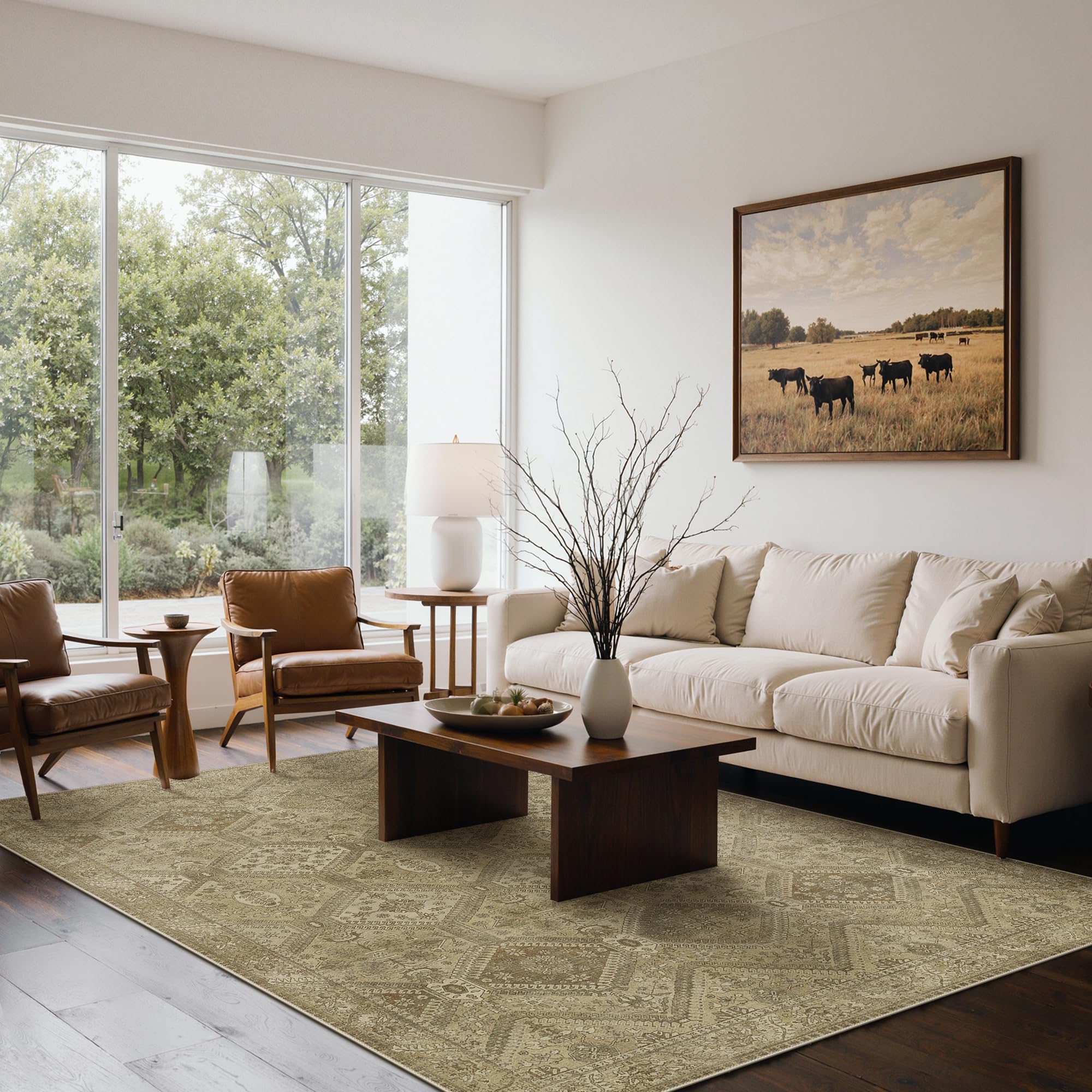 Bavni 8x10 Area Rugs for Living Room, Machine Washable Rug Non Slip, Vintage Chenille Distressed Print Carpet, Large Low Pile Ultra-Thin Lightweight