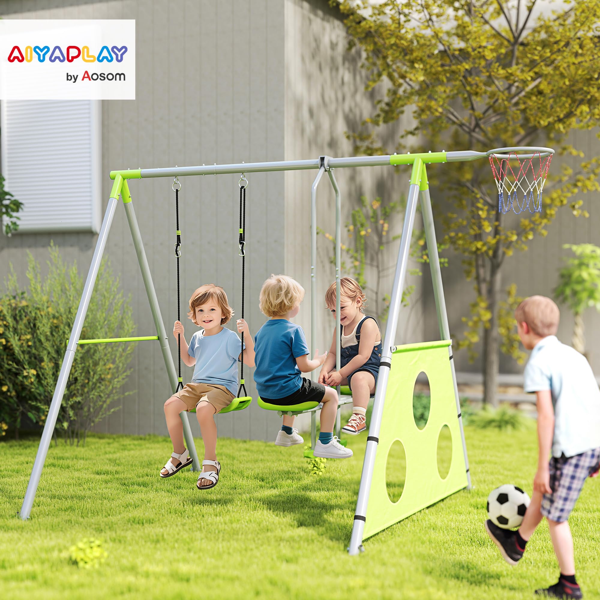 AIYAPLAY Balançoire Portique pour Enfant 4 en 1 pour 4 Enfants 135 kg Vert | 1 Agrès, 1 Face à Face, Panier de Basket-Ball, But de Football, Balançoire Enfant Extérieur, pour 3-8 ans