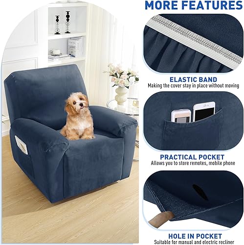 Miniatura 4 de MAXIJIN - Funda para sillón reclinable de terciopelo de 4 piezas, elástica, afelpada, gruesa y suave, con bolsillo lateral (azul marino)