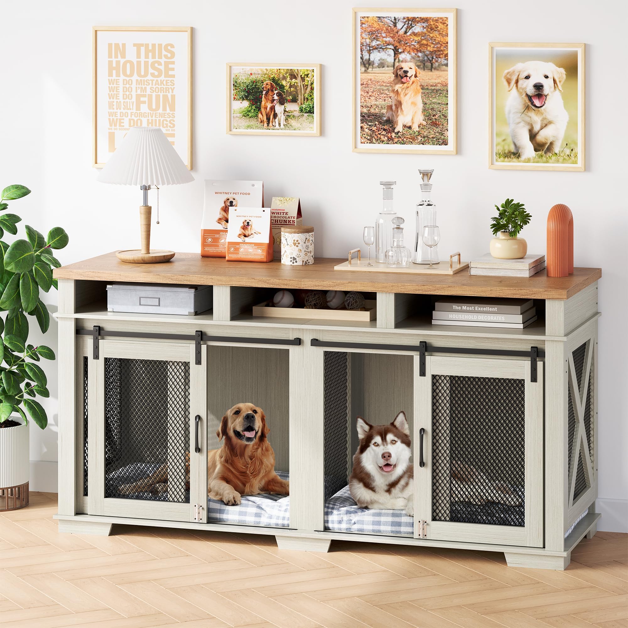 Dog Crate Furniture, 71" Wooden Dog Kennel with Double Doors, Modern Decorative Dog Crate End Table for 2 Large or Medium Dogs