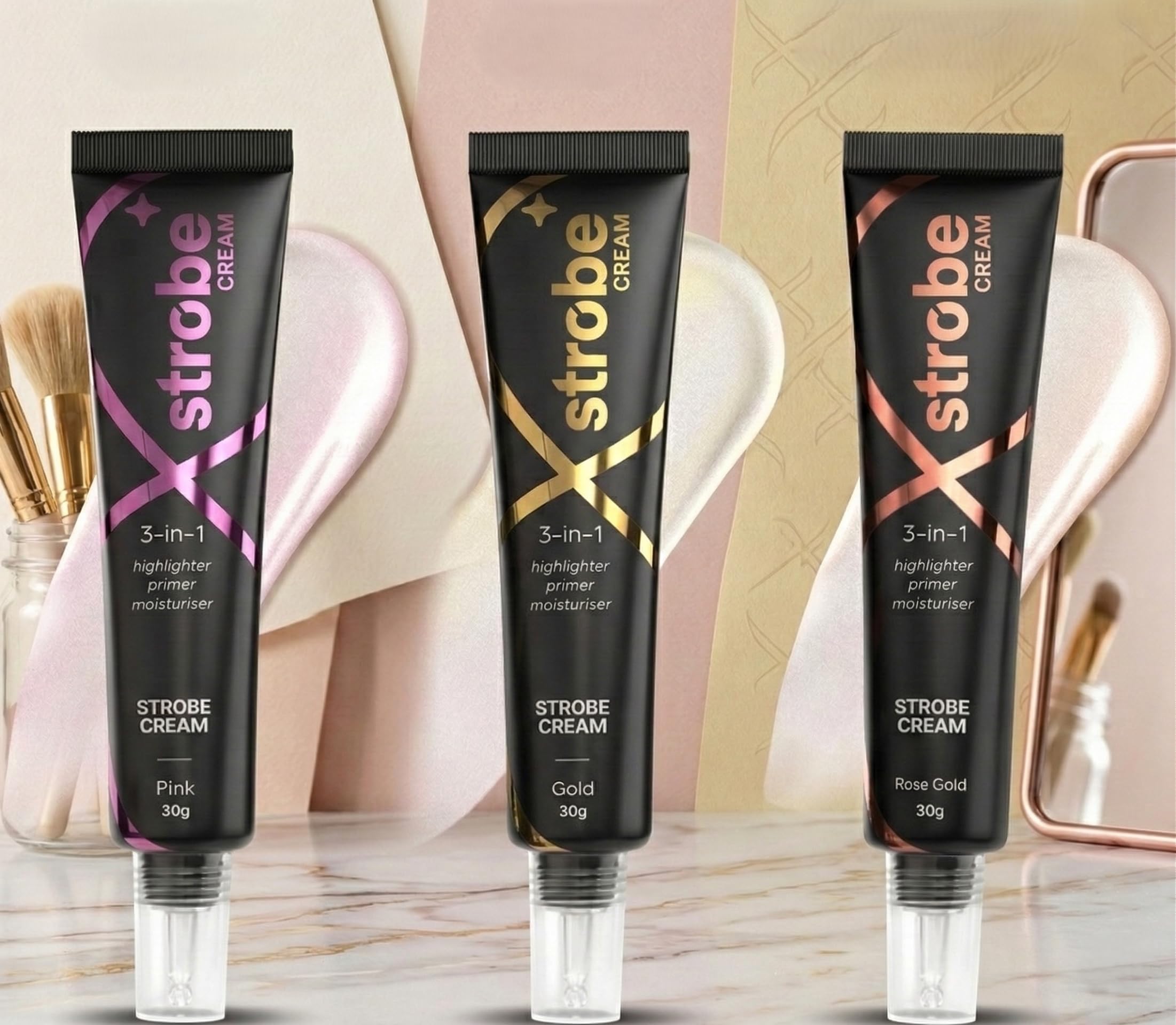 Illuminating Strobe Cream Trio | Gold, Pink & Rose Gold Shades | 3-in-1 Primer, Highlighter & Moisturizer | Radiant Glow Makeup Base | Pack of 3 (30g Each)-image-47