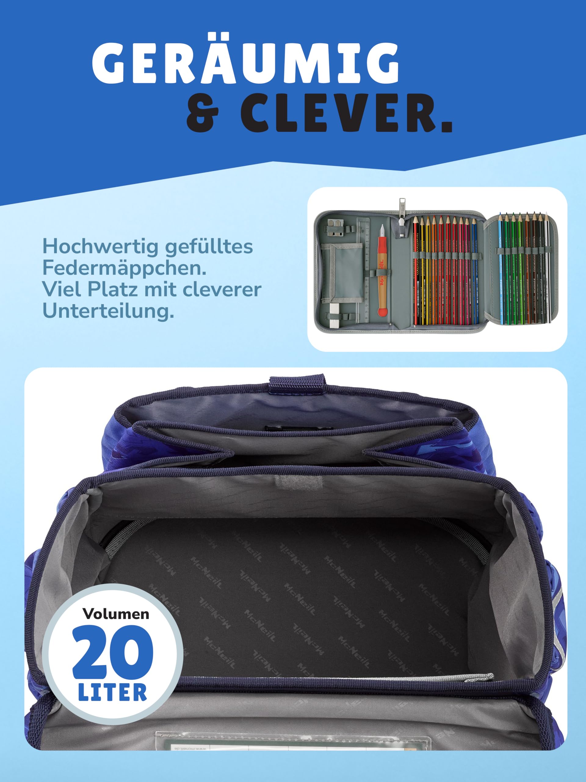 Familando - McNeill Ergo Complete Schulranzen Set - 10-teilig mit Schultüte - Puzzle - Ergonomisch & 3-Fach verstellbar - 1150g leicht mit 20L Volumen & Reflektoren - Für Grundschule ab 1. Klasse