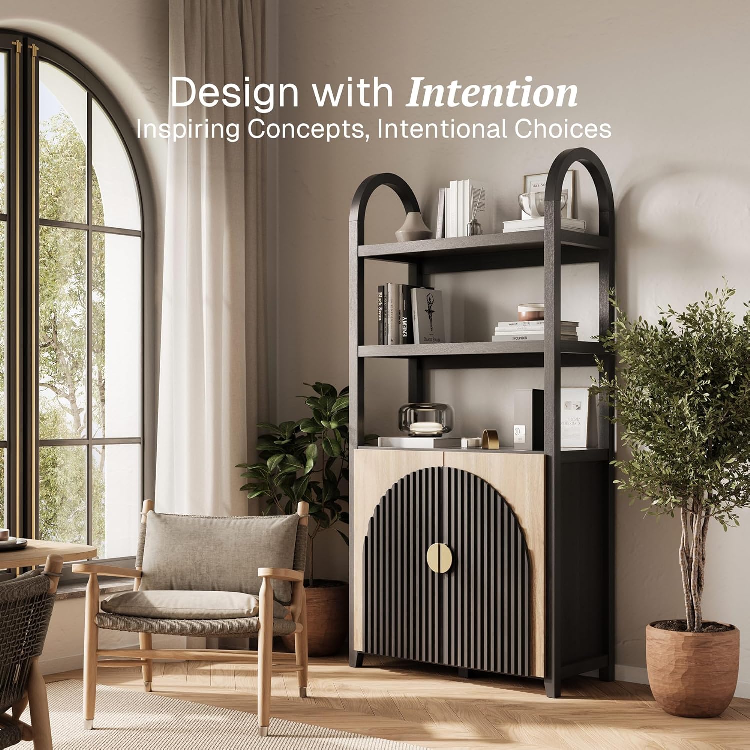 BELLEZE Book Shelf 72" Tall Arched Bookcase with Storage, 5 Tier Mid Century Modern Fluted Bookshelf with Doors, Modular Bookshelves for Living Room Office Library (Camel)