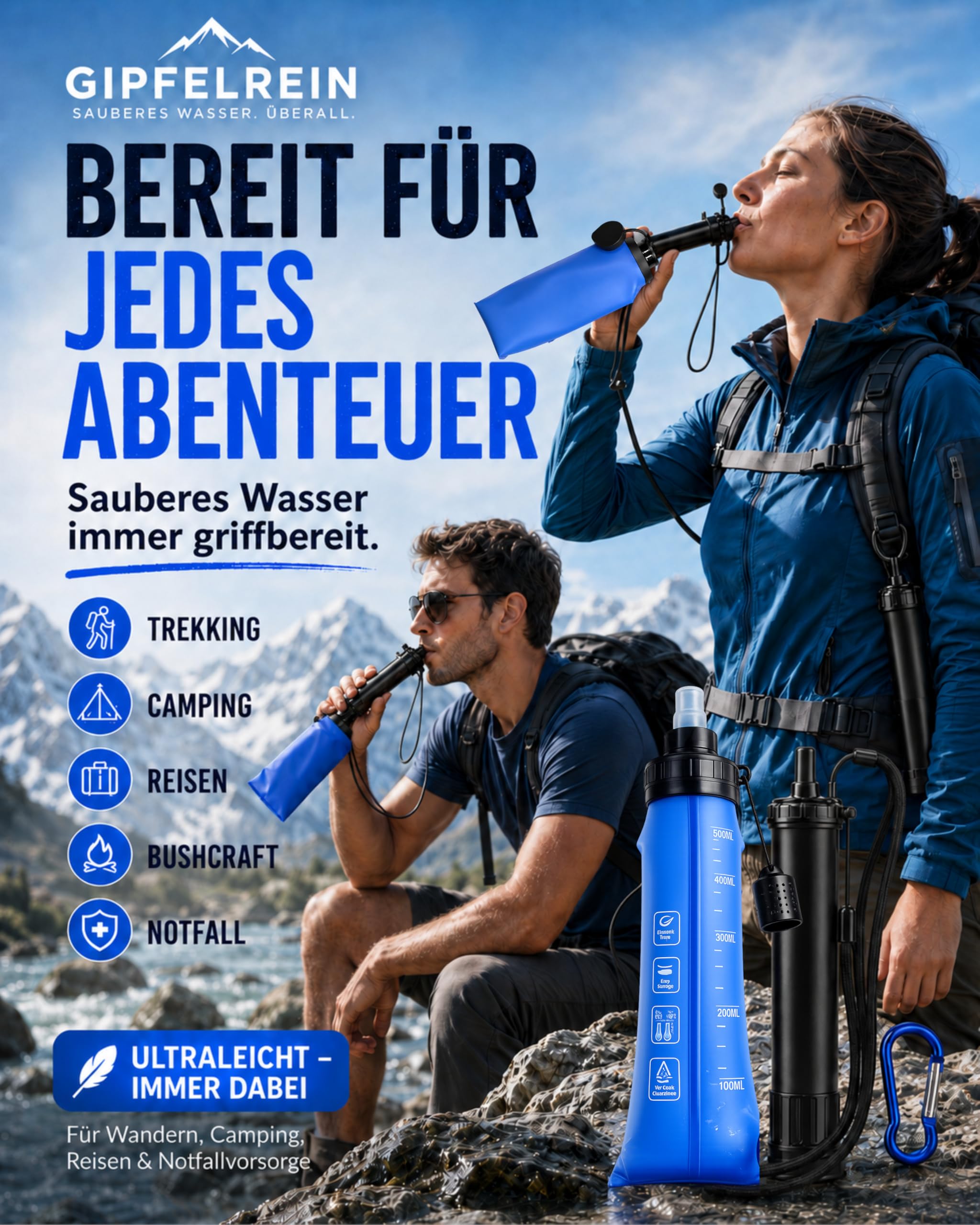 Wasserfilter Outdoor + faltbare Trinkflasche 0,5L I Tragbarer Trinkwasserfilter für Camping, Wandern & Survival I Filtert 99,99% der Bakterien I Trinkwasseraufbereitung für 4000L I Gipfelrein
