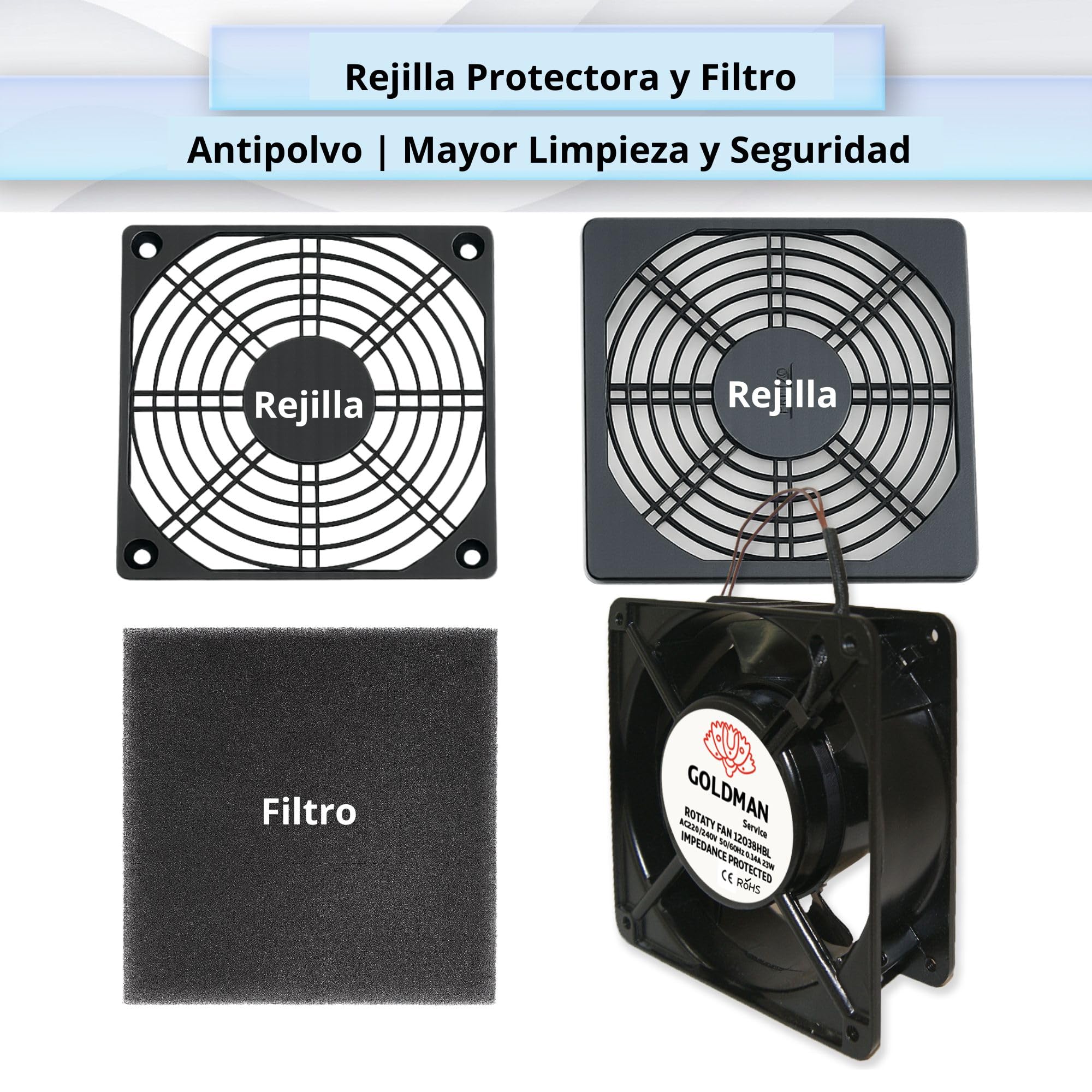 GOLDMAN SERVICE | Ventilador Axial de Alta Temperatura con Rejilla y Filtro para Casette de Chimeneas Insertables | Silencioso con Potentes Aspas Metálicas | Medidas: 120x120x38 mm (23W)