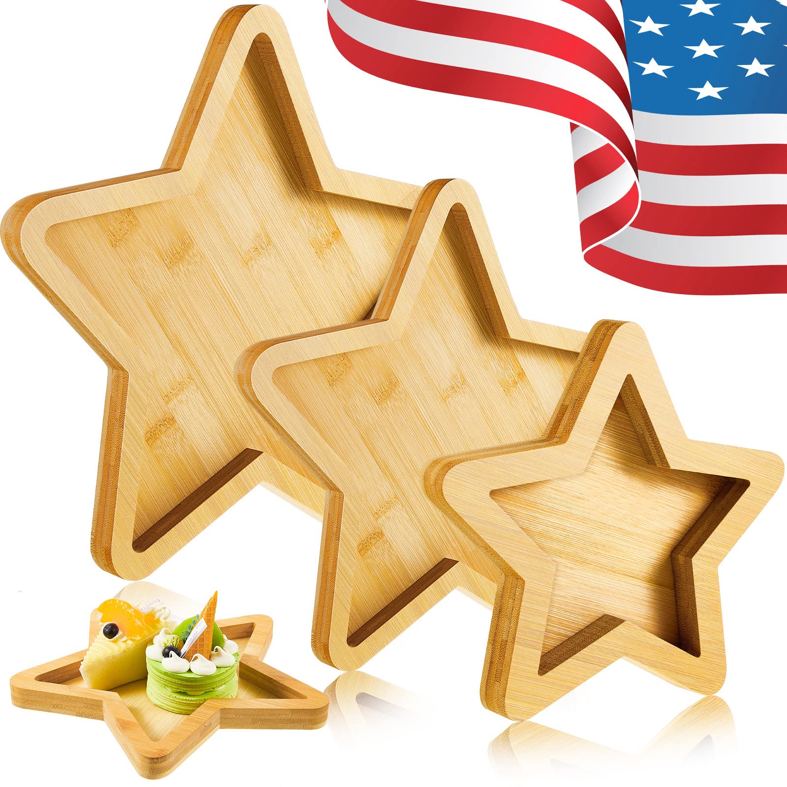 Patelai 3 Pcs 4th of July Charcuterie Boards Wooden Star Dishes Plates Patriotic Serving Tray for Independence Day Memorial Day Decoration Gift Snacks Fruits Food Dish(Star)