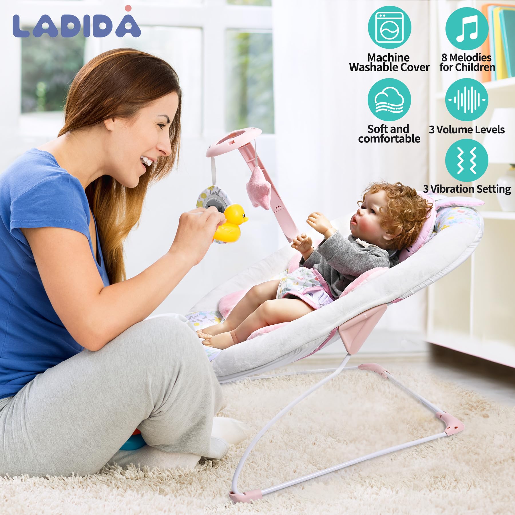 LADIDA Transat pour bébé de la naissance à 6 mois, balancelle bébé avec 3 vitesses et 8 chansons apaisantes, siège vibrant pour nourrisson avec barre de jeux amovible, portable et léger (Lapin Rose)