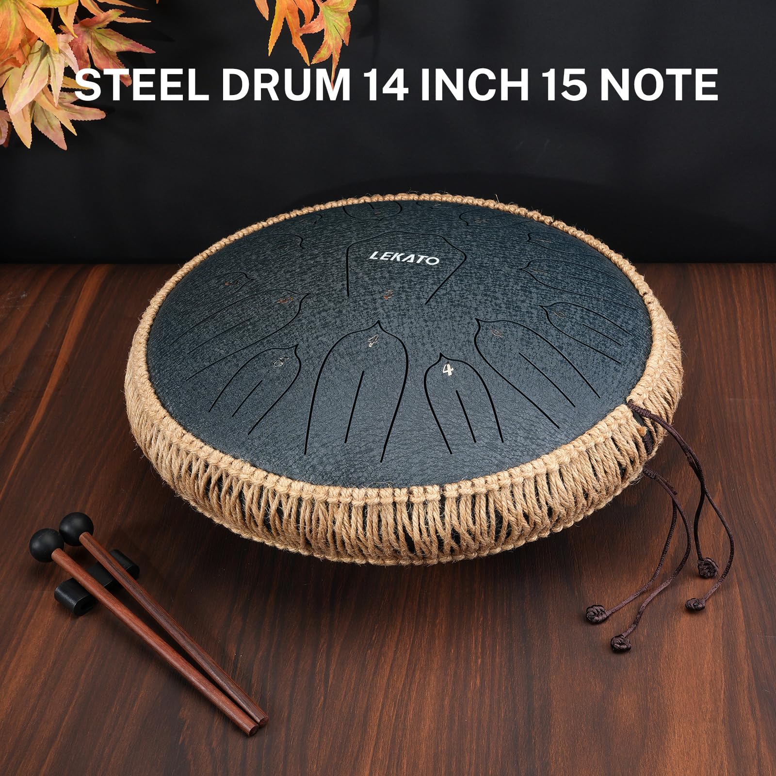 LEKATO Steel Tongue Drum à 15 Notes 14 Pouces, C Key Tambour de Langue Handpan Instrument de Percussion pour Education Méditation de Guérison, Cadeau pour Débutant(Bleu Marine)
