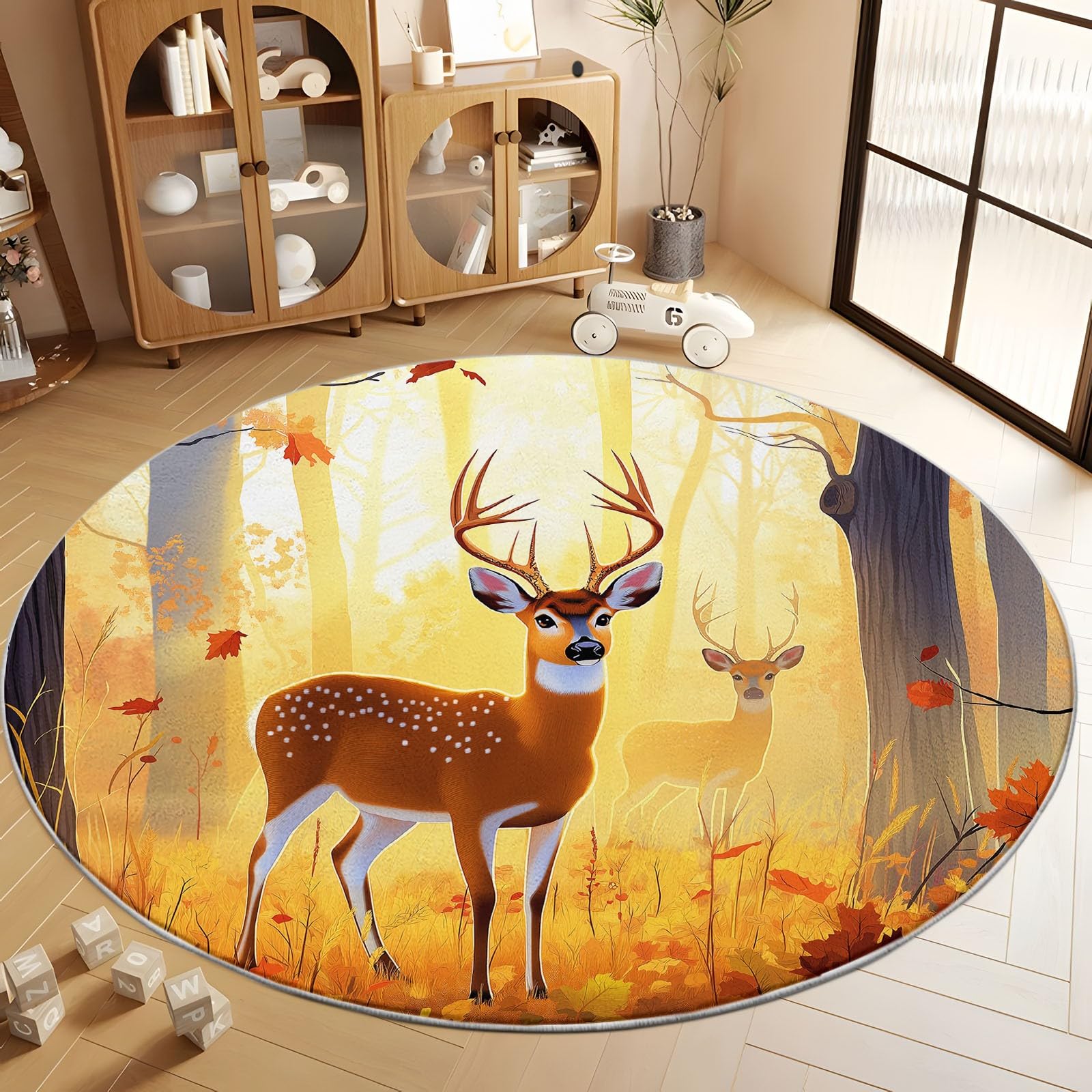 Alfombra redonda de 120 cm para sala de estar, paisaje natural, bosque, ciervos, alfombra suave y esponjosa para dormitorio, alfombra circular amarilla, alfombra antideslizante lavable para el suelo