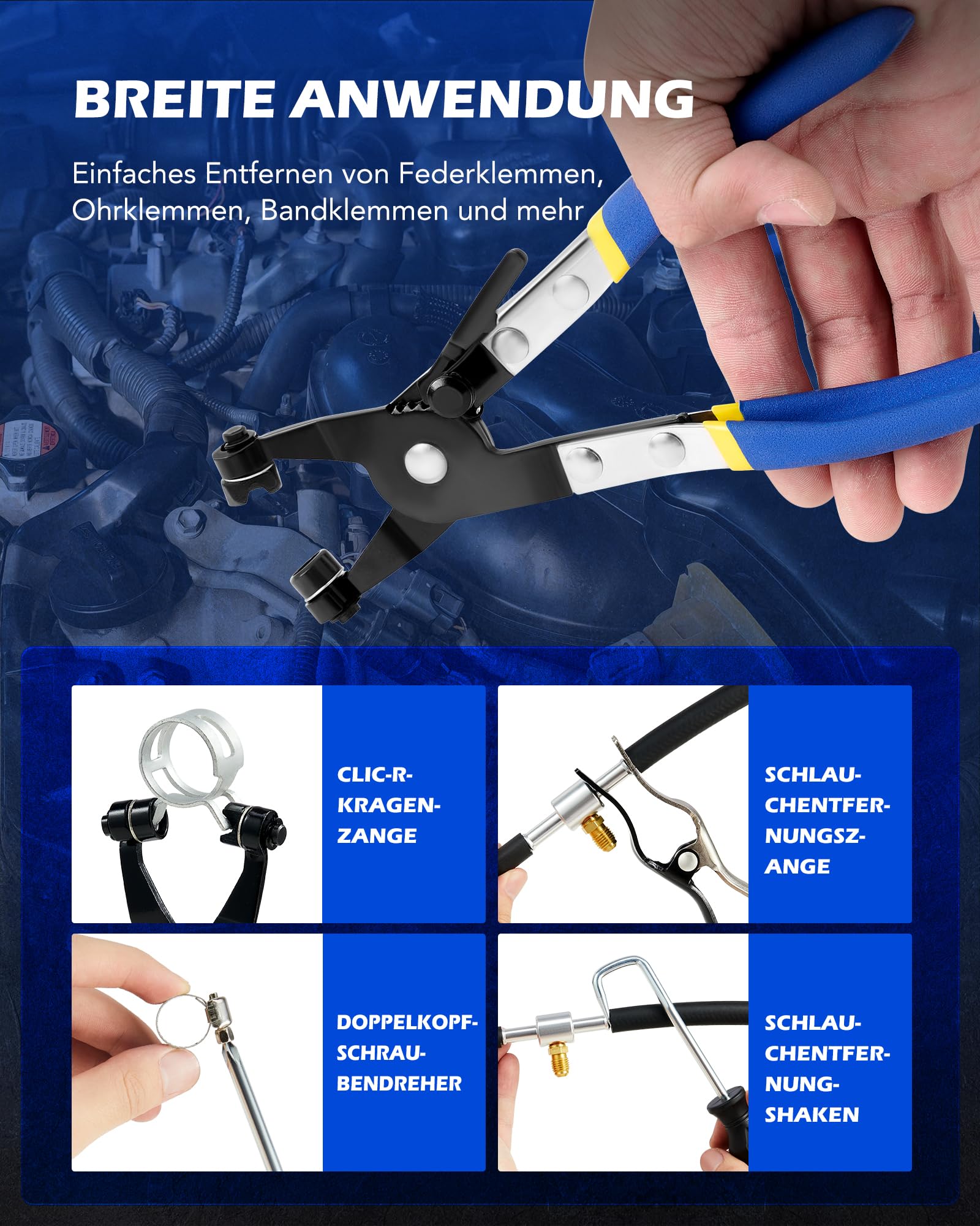 Orion Motor Tech 9-tlg. Schlauchklemmenzange Set, Profi Schlauchschellenzange Set für Kraftstoff- Öl- & Wasserschläuche, Schellenzange KFZ Werkzeug Set mit Bowdenzug für Clic-R Typ & Federbandschellen