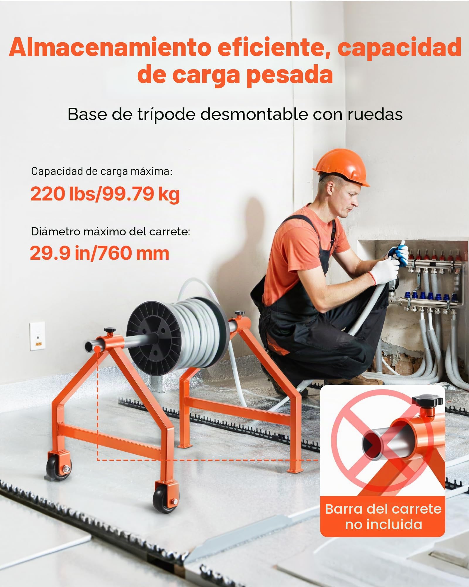 VEVOR Portacarretes de Alambre, Organizador Portátil para Cables con Ruedas, Portacarretes de Hasta 75,9 cm de Diámetro Carga de 99,8 kg para Uso Eléctrico, Industrial y Eficiencia de Trabajo