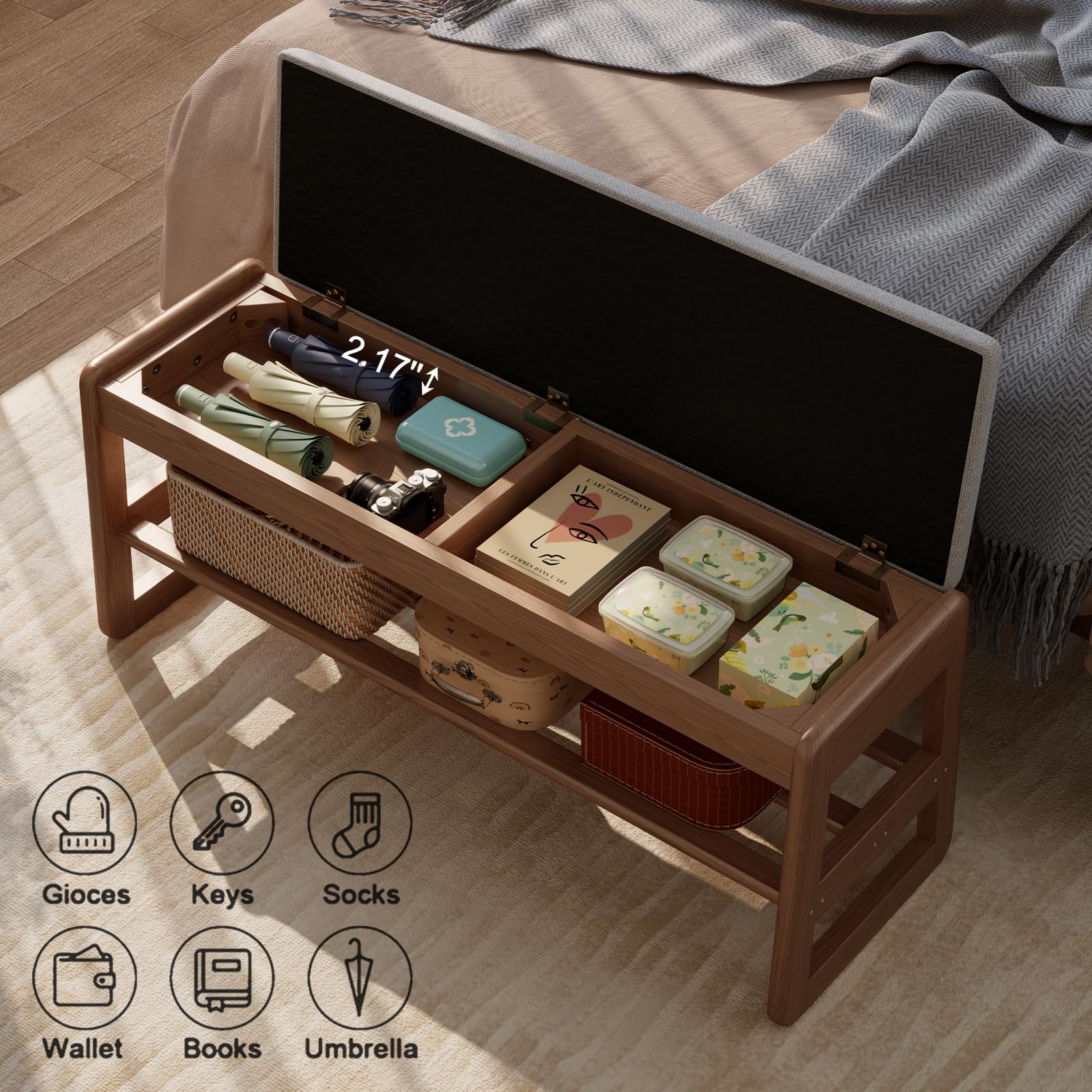 AQIMUELE Schuhregal Bank mit Kissen, 2 Ebenen, Schuhbank mit Klappdeckel, Schuhregal aus Holz für Eingang, Flur 100CM(Walnuss)