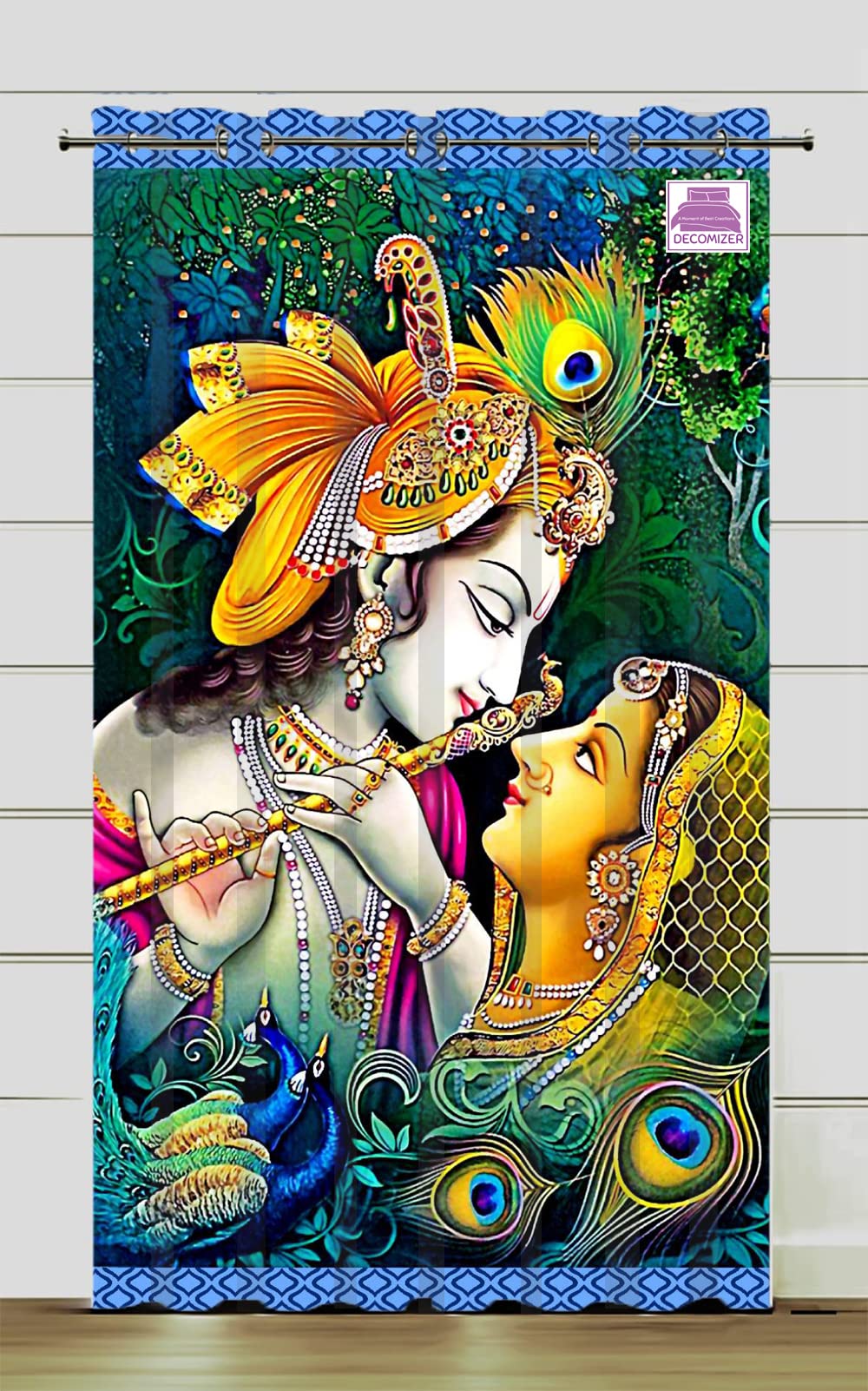 DECOMIZER 9Ft Long Grommet Door Opaque Curtain Pack Of 1|3D God Mor Krishna Digital Printed Home Furnishing Polyresin For Indian Festival-Diwali,Mandir Temple And Pooja Ghar|4 X 9 Feet, Set Of 1,Blue