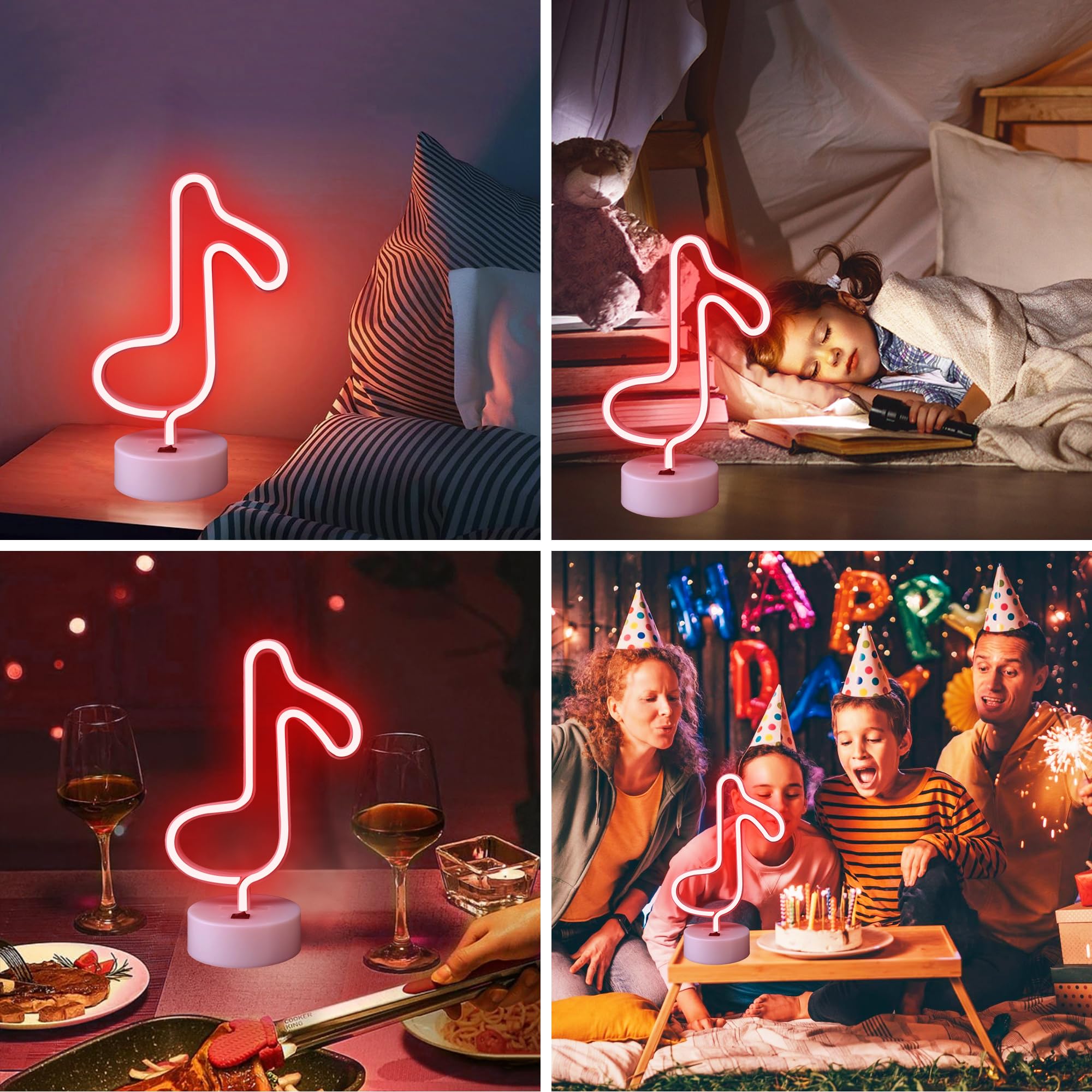 JEMESI - Lampade al neon LED a forma di nota musicale, lampada al neon rossa con base di supporto, USB o batteria, per feste, matrimoni, compleanni, festival, decorazioni