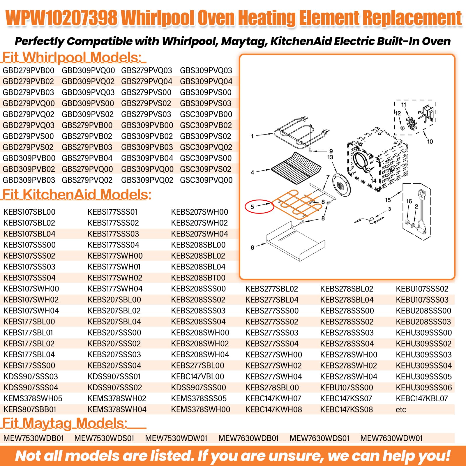 Elemento de repuesto mejorado WPW10207398 para horno Whirlpool