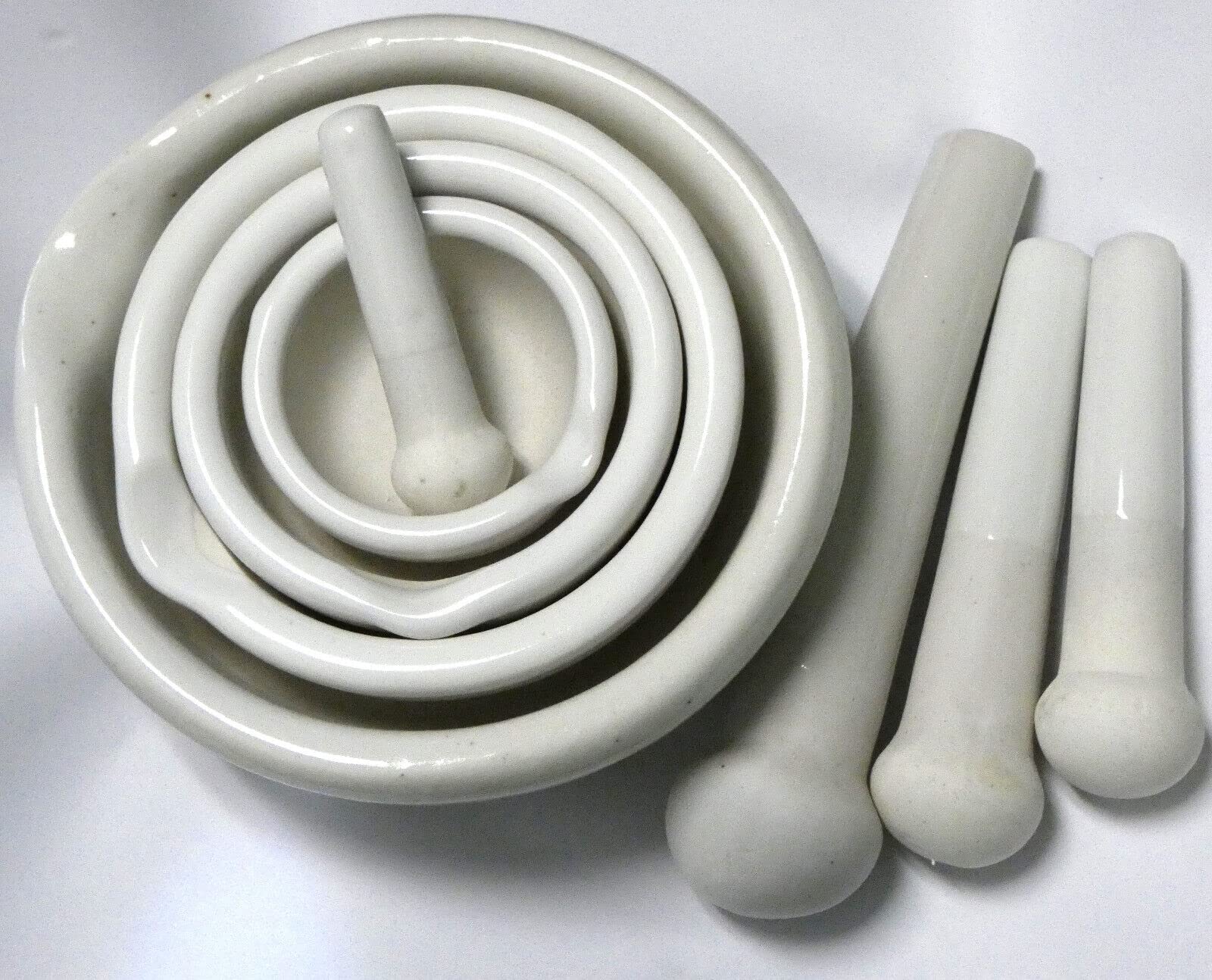 Set of 4, Porcelain Mortar and Pestle, Lab & Kitchen