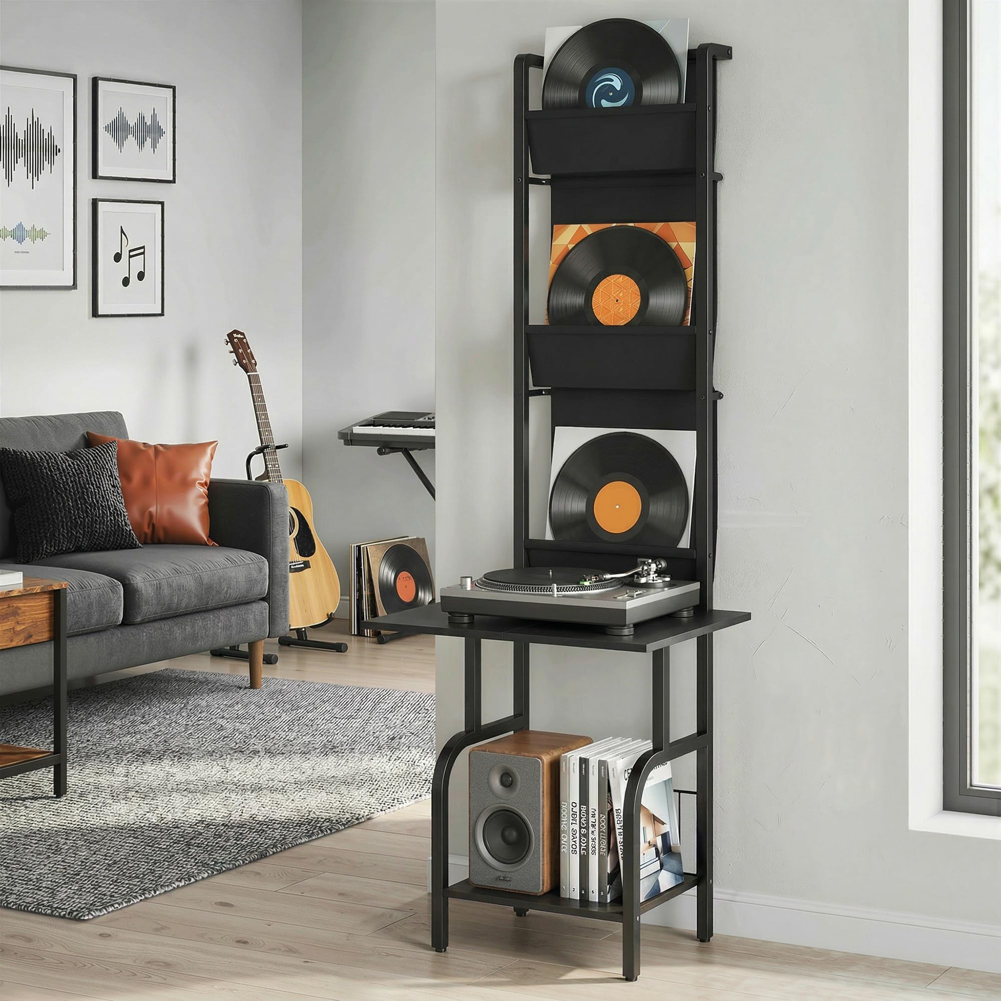 HOMCOM Almacenamiento de discos de vinilo con soporte para reproductor, soporte giratorio y estante de exhibición, unidad de almacenamiento de CD para hasta 40 CD, mesa de reproductor de discos para