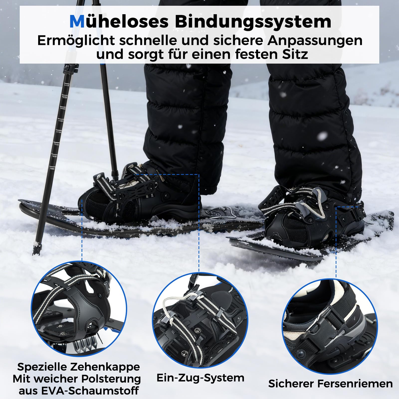 COSTWAY Rakiety śnieżne ze wspomaganiem pokonywania wzniesień, rozmiar buta 35-45 do 68/90 kg, lekkie rakiety śnieżne z aluminium z kijkami trekkingowymi i torbą do noszenia dla mężczyzn, kobiet i