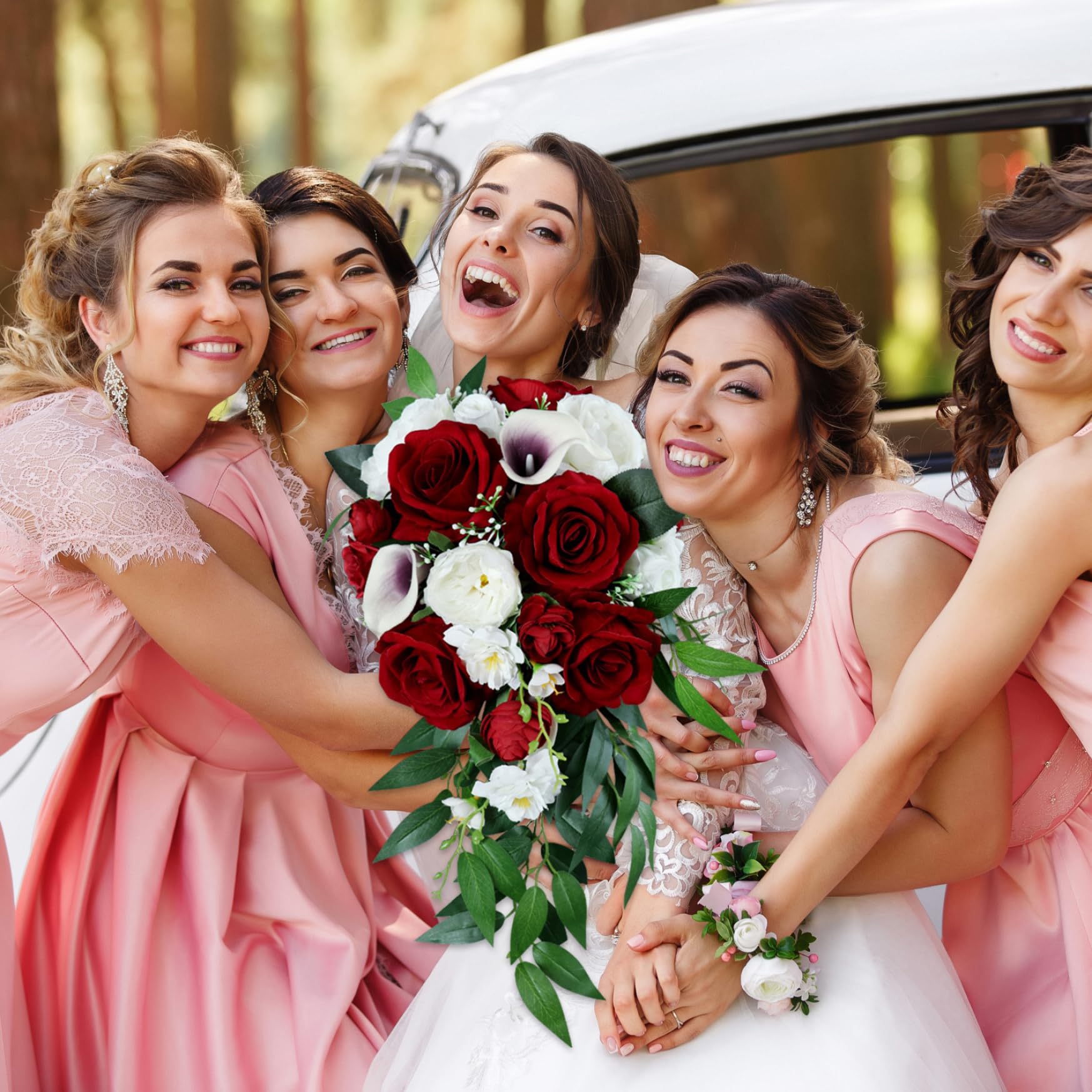 Bouquet de Mariage Lys Rouges et Rose Artificiel en Cascade