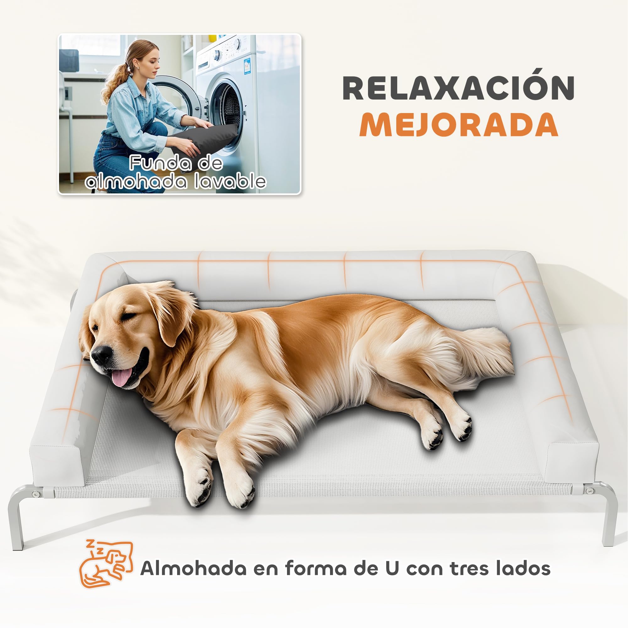 PawHut Cama Elevada para Perros Refrescante con Refuerzos Extraíbles Cama Elevada para Perros Grandes Portátil con Malla Transpirable Marco de Acero para Interior Exterior 130x90x30 cm Gris Claro