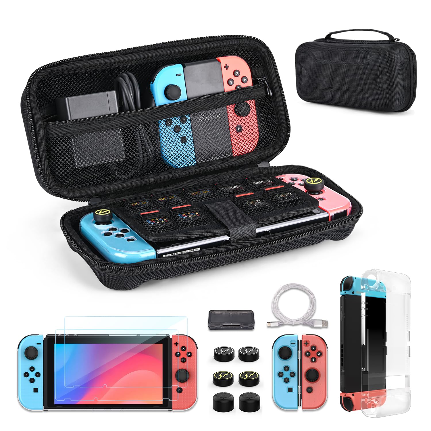 Younik Switch Case for Switch 2017, 14 in 1 Accesseries Kit with Switch Carrying Case, Screeen Protector, Protective Covers, Thumb Grips Caps, Game Card Case and Type C cable (Black, Y Pattern) Black (Y Pattern) L