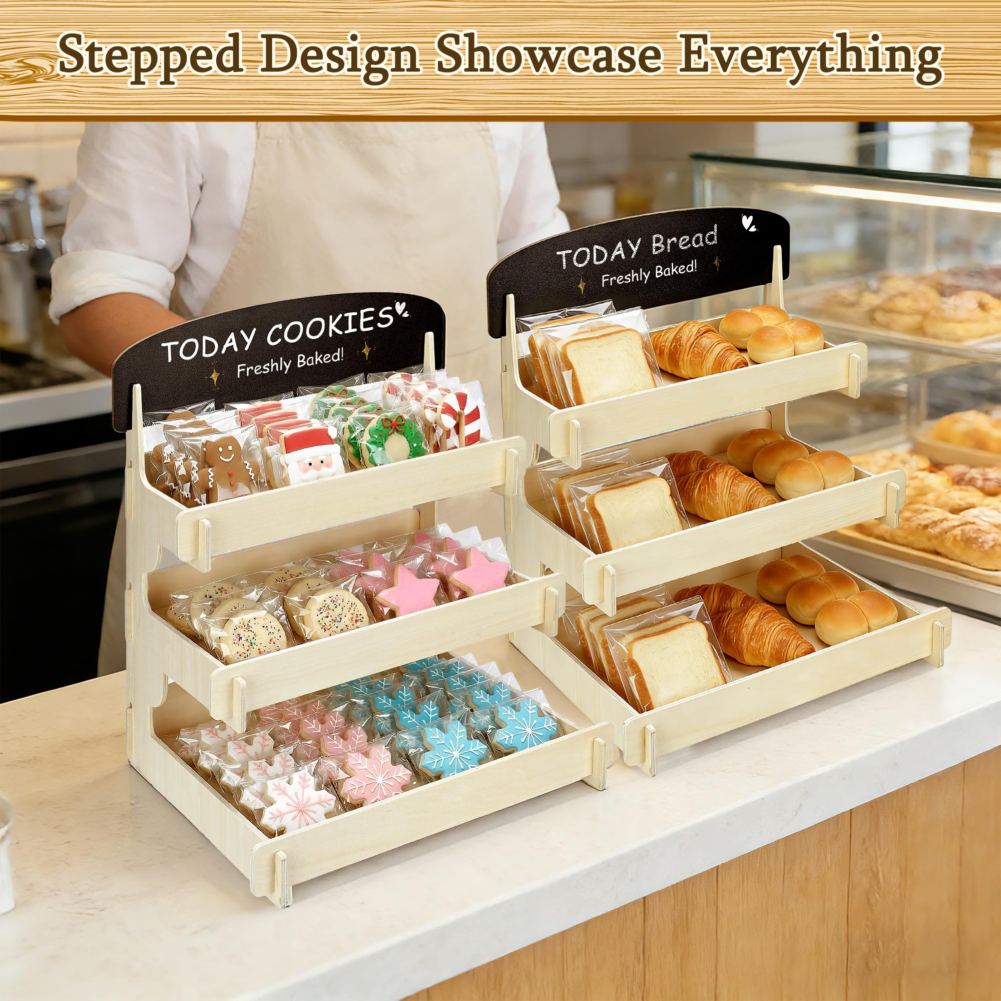 Espositore per biscotti in legno con lavagna per banchetti di mercato, fiere artigianali ed eventi, espositore per biscotti a 3 livelli per panettieri e venditori per mostrare cupcake