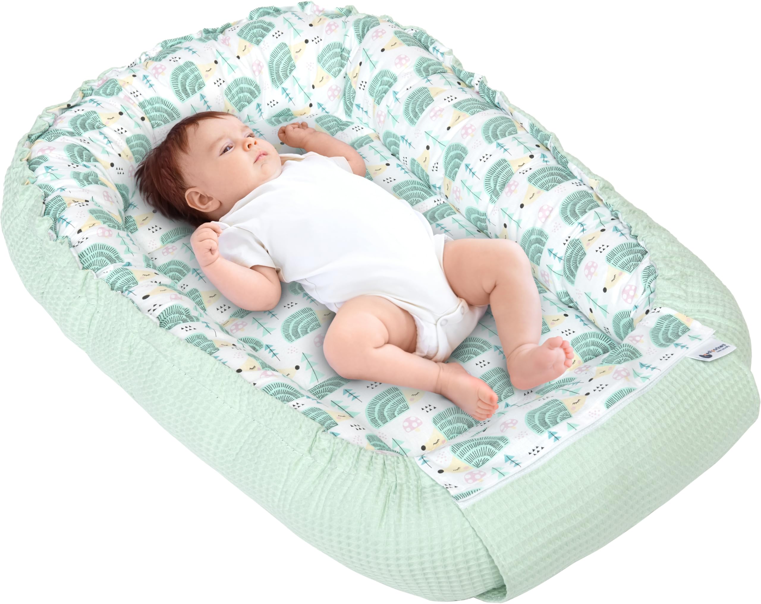 Medi Partners Riduttore Lettino Neonato - 100x60x15 Nido Antisoffoco Neonati Bozzolo Culla per Bebè neonata bilaterale Cuscino 100% Cotone Waffle (Ricci con Waffle alla menta)