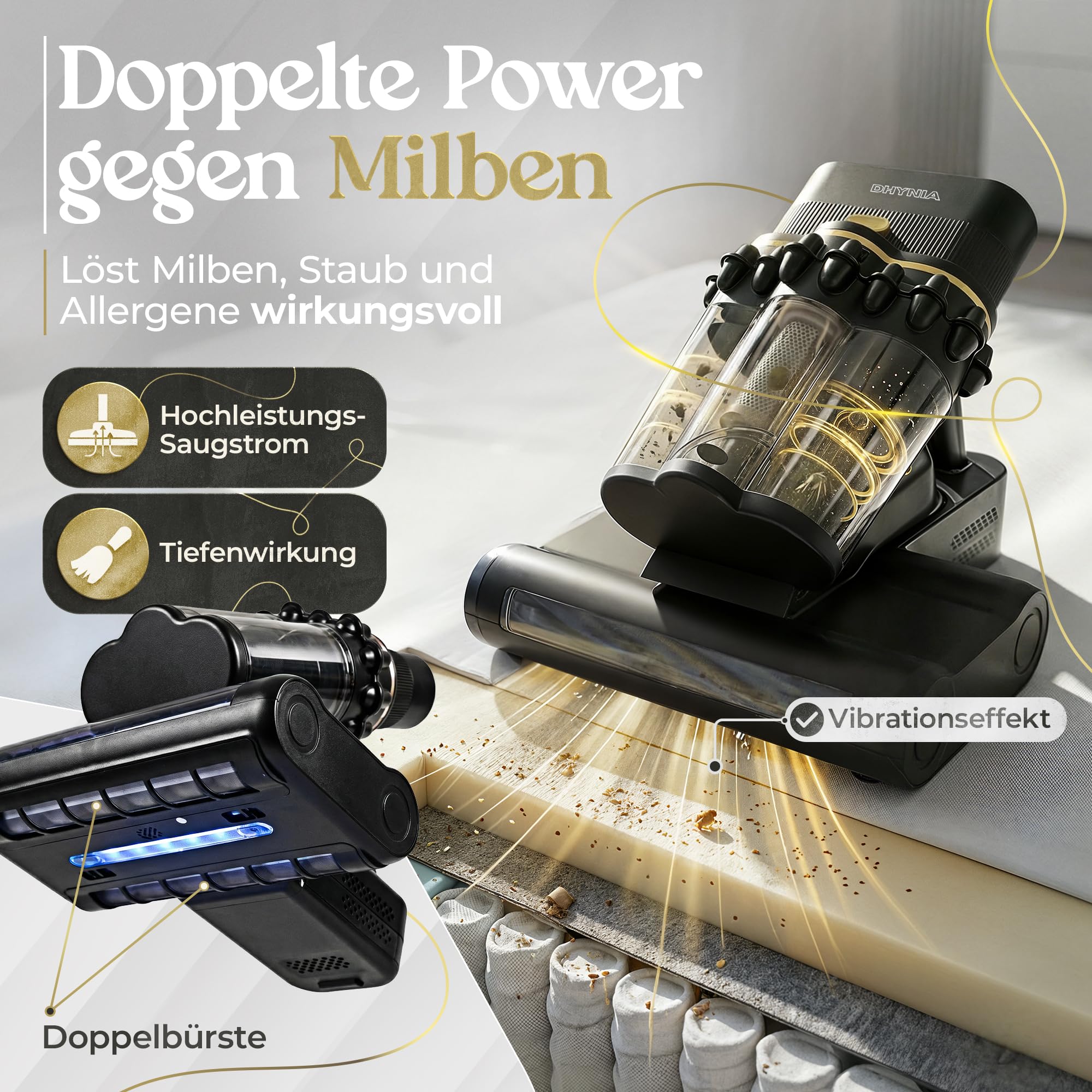 Milbensauger für Matratzen – 16 kPa Matratzenreiniger mit UV-Licht, Ultraschall, 60°C Heißluft - Milben Sauger | Effektiv gegen Hausstaubmilben | Ideal für Allergiker, Polstermöbel & Tierhaare