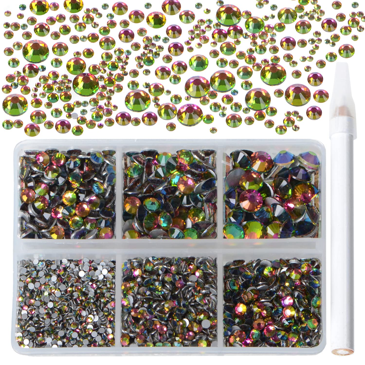 Bymitel 5000 Pieces 6 Mixed Sizes Glue Fix on Glass Rhinestones Round Crystal Gems Flatback for DIY Jewelry Making with one Picking Pen(6-Sizes 5000PCS, Vitrail Medium)