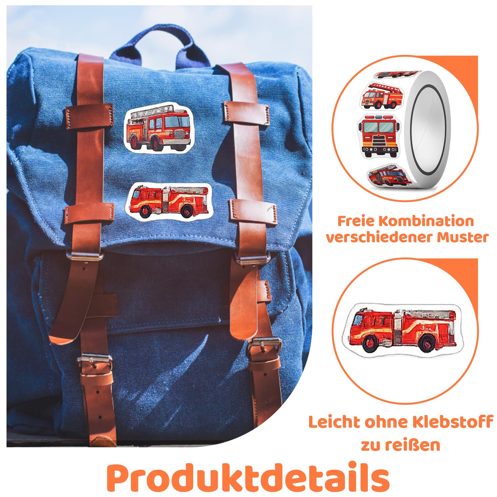 Cumnvulnt Feuerwehrauto Aufkleberrolle – 500 Stück, Hochwertiges Vinyl, Selbstklebend, Wasserfest – Ideal Für Kindergeburtstage, Kindergarten & Belohnungen