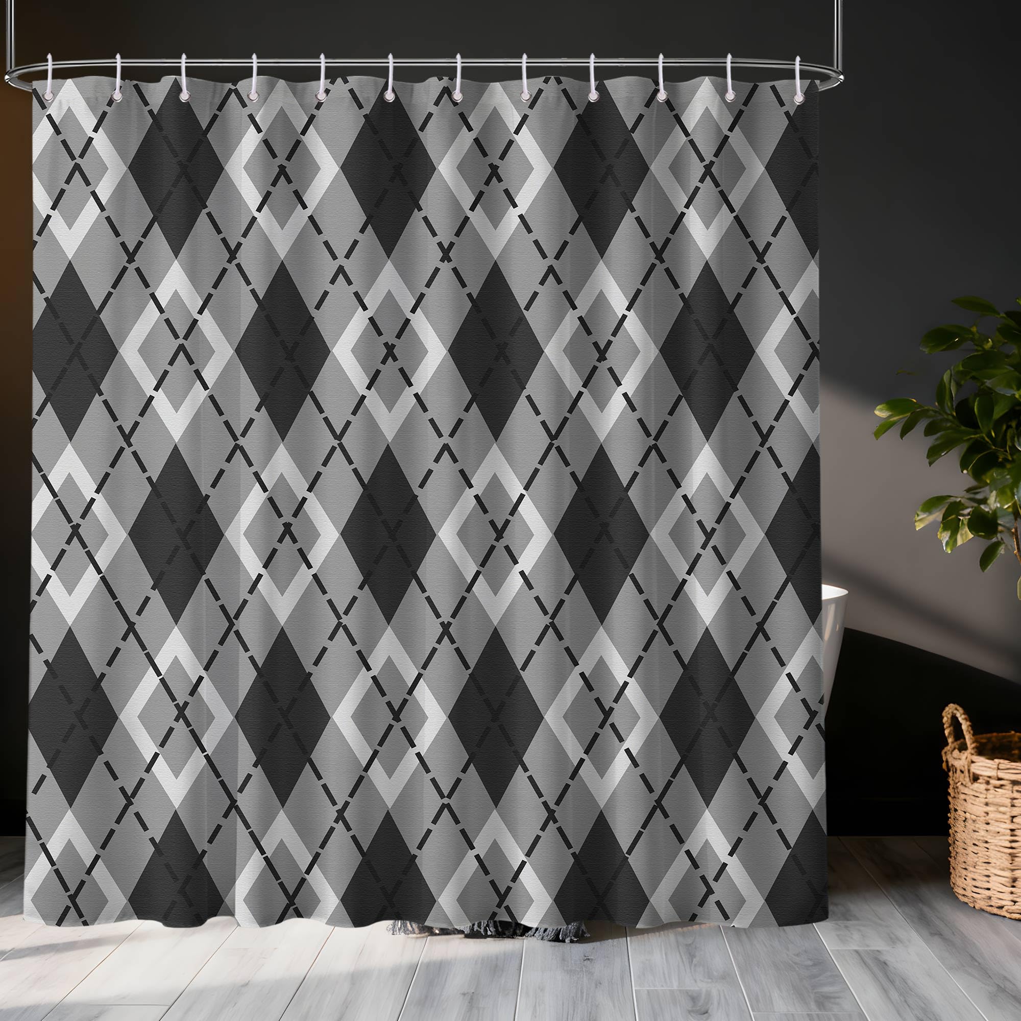 LanZanthic Grey Black and White Shower Curtains for Bathroom Modern Geometric Wet Room Shower Curtain with hooks, Mould Proof Resistant, Waterproof, Washable, Fabric, 180 x 180 cm