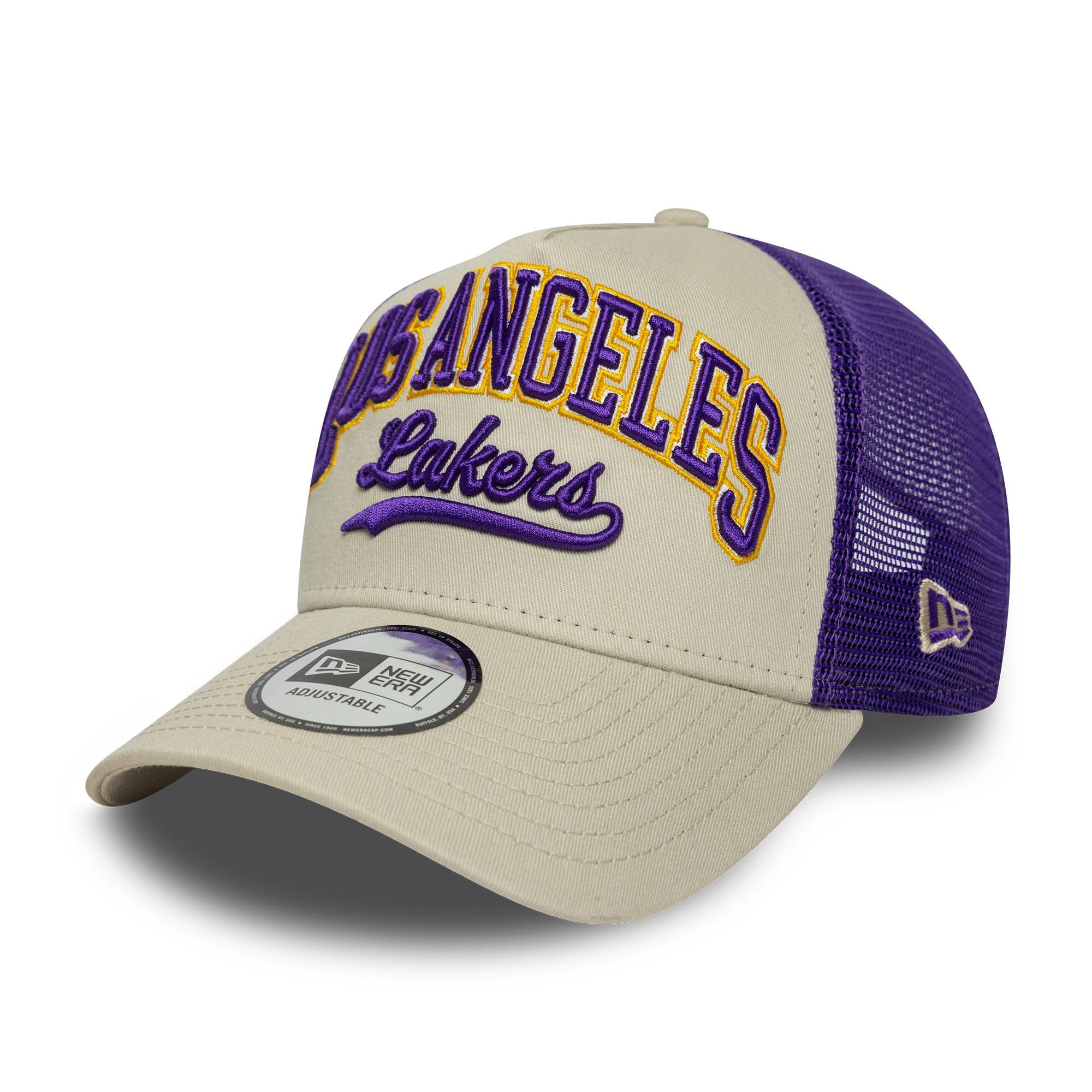 New Era Los Angeles Lakers Script A-Frame Trucker Cap Beige