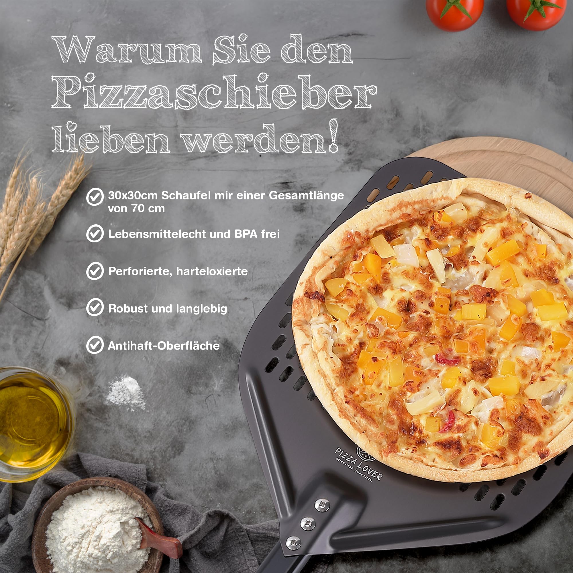 Pizza Lover® hochwertiger Pizzaschieber perforiert 30 x 30 cm Pizzaschaufel aus harteloxiertem Aluminium (Antihaft) Pizzaheber für hausgemachte Pizza & Brot ideal für Pizzastein, Backofen & Grill