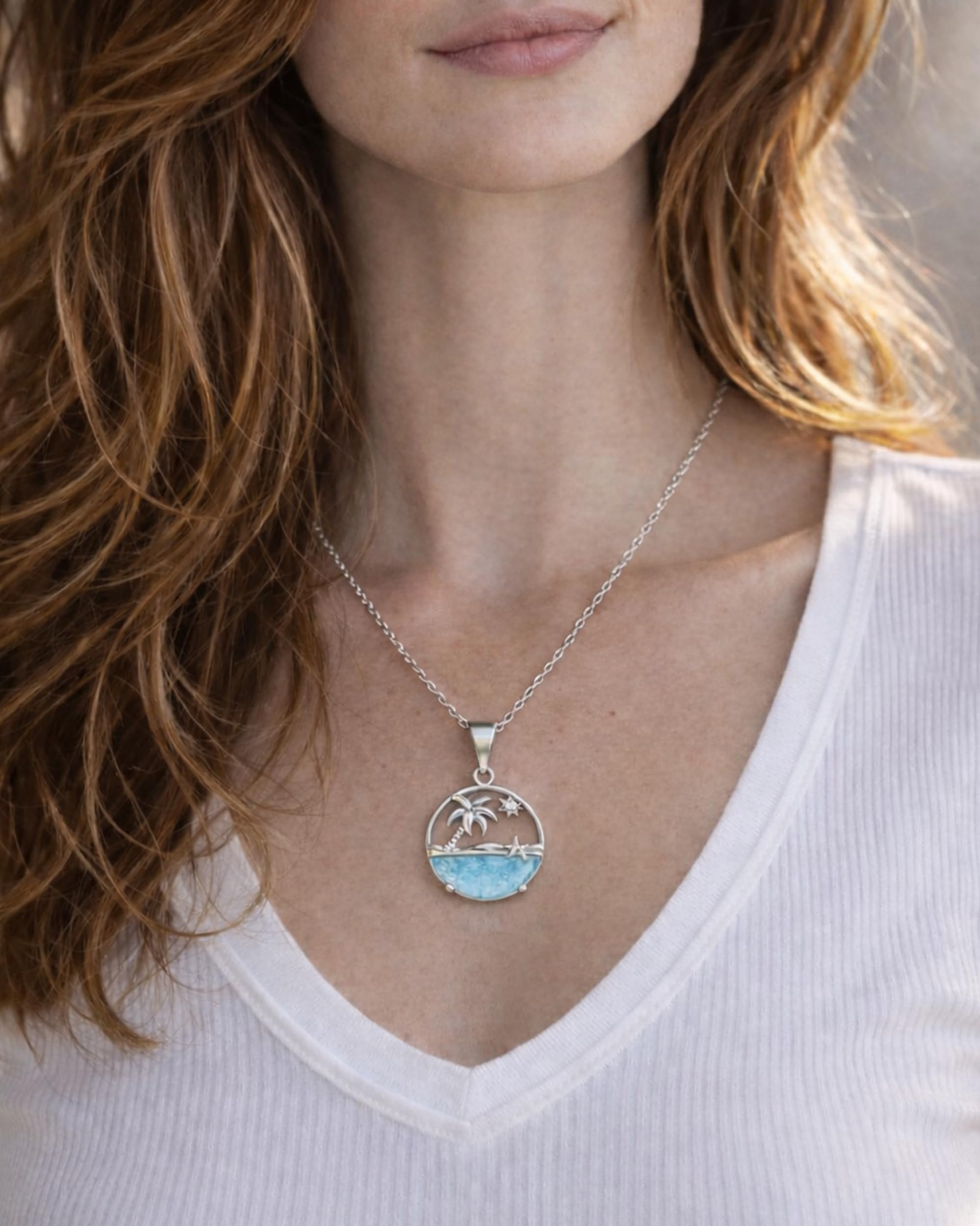 Collar con colgante redondo de 16+2 pulgadas con palmera, sol y estrella de mar | Collar de plata de ley para mujeres o adolescentes