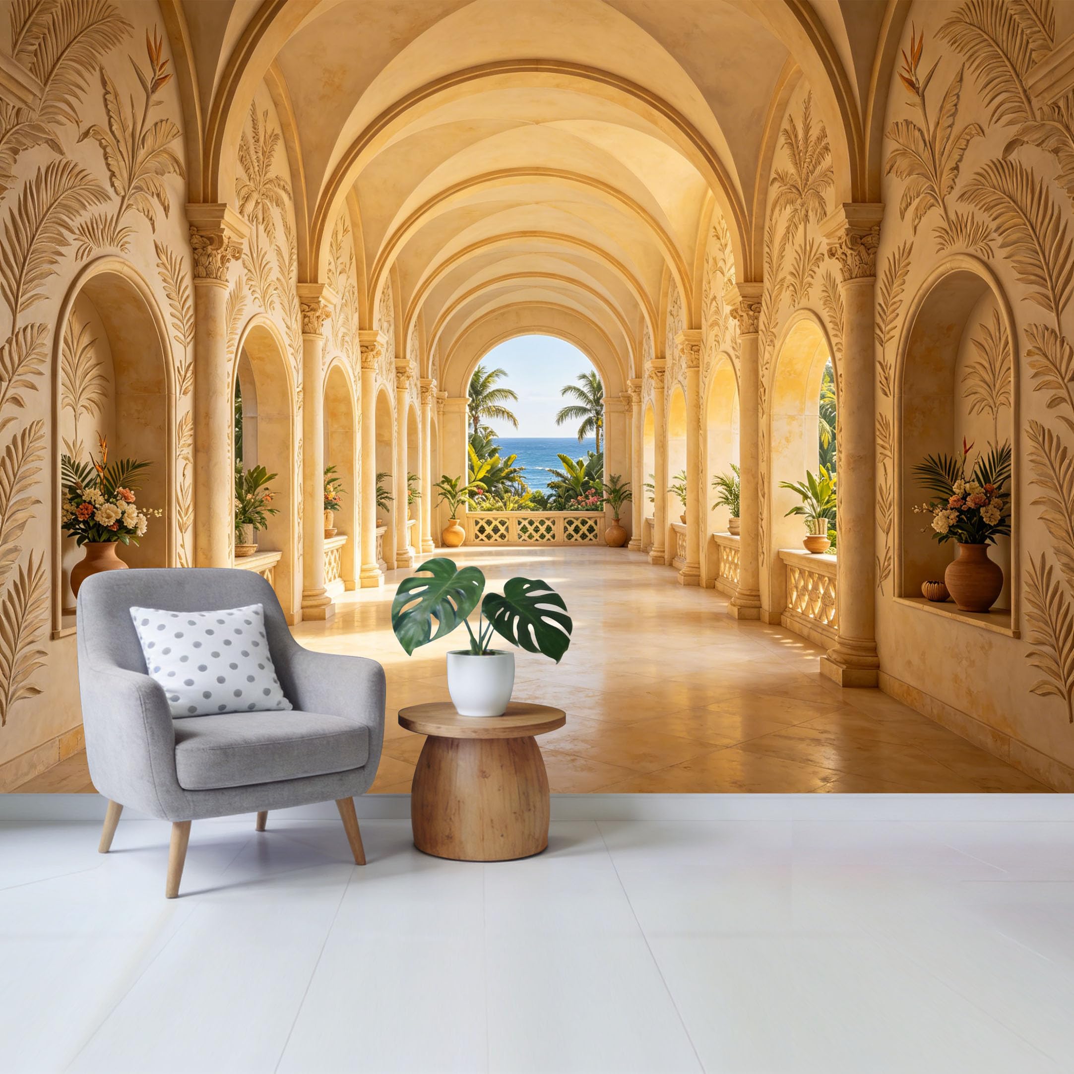 Removable Self Adhesive Fabric Mural， Mediterranean Coastal Palm Ocean View Custom Size Wall Covering， UV Protected Waterproof Washable Wall Decor for Living Room Bedroom Bathroom